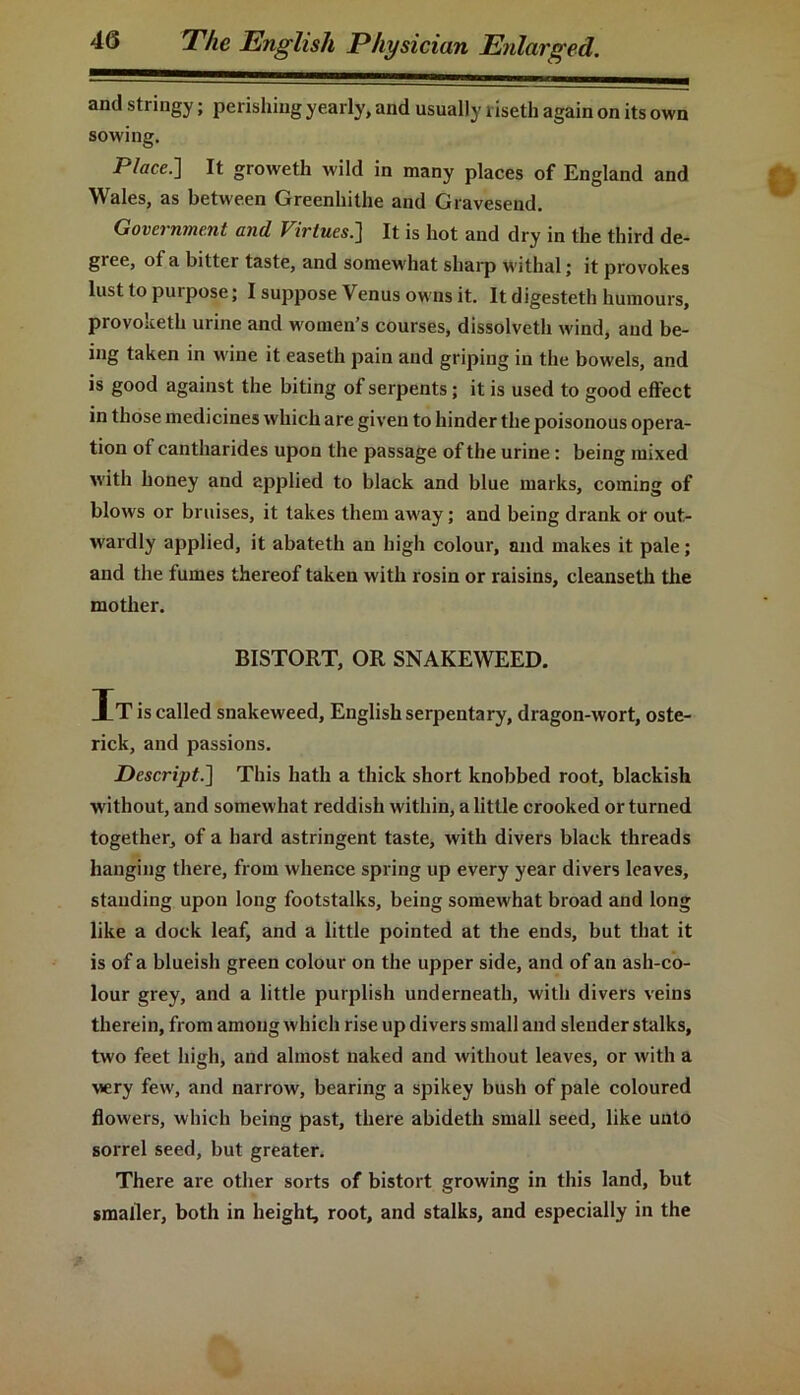 and stringy; perishing yearly, and usually riseth again on its own sowing. Place.'] It groweth wild in many places of England and Wales, as between Greenliithe and Gravesend. Government and Virtues.] It is hot and dry in the third de- gree, of a bitter taste, and somew hat sharp withal; it provokes lust to purpose; I suppose Venus owns it. It digesteth humours, provoketh urine and women’s courses, dissolveth w'ind, and be- ing taken in wine it easetli pain and griping in the bowels, and is good against the biting of serpents ; it is used to good effect in those medicines which are given to hinder the poisonous opera- tion of cantharides upon the passage of the urine: being mixed 'ith honey and applied to black and blue marks, coming of blows or bruises, it takes them away; and being drank or out- wardly applied, it abateth an high colour, and makes it pale; and the fumes thereof taken with rosin or raisins, cleanseth the mother. BISTORT, OR SNAKEWEED. It is called snakeweed, English serpentary, dragon-wort, oste- rick, and passions. Descript.] This hath a thick short knobbed root, blackish without, and somewhat reddish within, a little crooked or turned together, of a hard astringent taste, with divers black threads hanging there, from whence spring up every year divers leaves, standing upon long footstalks, being somewhat broad and long like a dock leaf, and a little pointed at the ends, but that it is of a blueish green colour on the upper side, and of an ash-co- lour grey, and a little purplish underneath, with divers veins therein, from among which rise up divers small and slender stalks, two feet high, and almost naked and without leaves, or with a very few', and narrow', bearing a spikey bush of pale coloured flowers, which being past, there abideth small seed, like unto sorrel seed, but greater. There are other sorts of bistort growing in this land, but smaller, both in height, root, and stalks, and especially in the