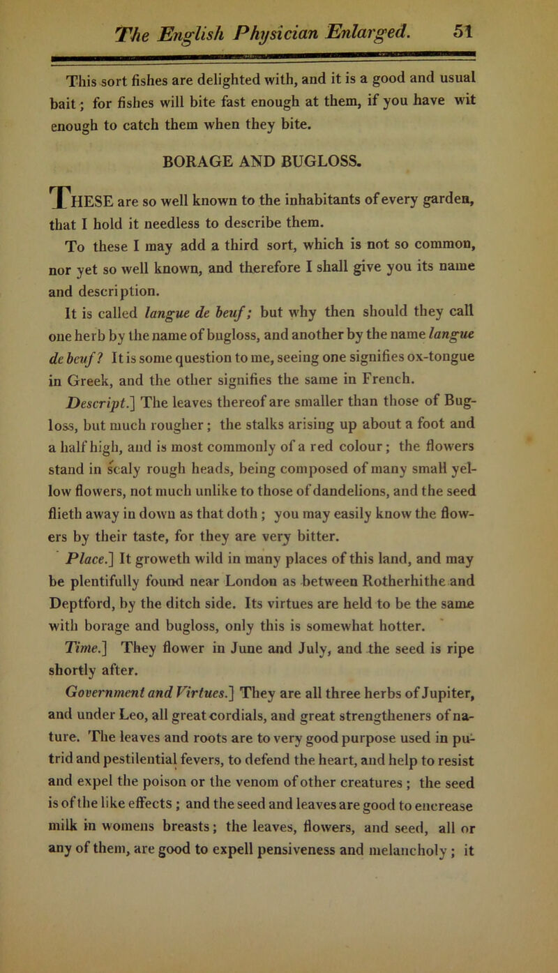 ^———aiaai This sort fishes are delighted with, and it is a good and usual bait; for fishes will bite fast enough at them, if you have wit enough to catch them when they bite. BORAGE AND BUGLOSS. These are so well known to the inhabitants of every garden, that I hold it needless to describe them. To these I may add a third sort, which is not so common, nor yet so well known, and therefore I shall give you its name and description. It is called langue de benf; but why then should they call one herb by the name of bugloss, and another by the name langue de bcvf? It is some question to me, seeing one signifies ox-tongue in Greek, and the other signifies the same in French. Descript.] The leaves thereof are smaller than those of Bug- loss, but much rougher; the stalks arising up about a foot and a half high, and is most commonly of a red colour; the flowers stand in scaly rough heads, being composed of many small yel- low flowers, not much unlike to those of dandelions, and the seed flieth away in down as that doth; you may easily know the flow- ers by their taste, for they are very bitter. Place.] It groweth wild in many places of this land, and may be plentifully found near London as between Rotherhithe and Deptford, by the ditch side. Its virtues are held to be the same with borage and bugloss, only this is somewhat hotter. Time.] They flower in June and July, and the seed is ripe shortly after. Government and Virtues.] They are all three herbs of Jupiter, and under Leo, all great cordials, and great strengtheners of na- ture. The leaves and roots are to very good purpose used in pu- trid and pestilential fevers, to defend the heart, and help to resist and expel the poison or the venom of other creatures ; the seed is of the like effects; and the seed and leaves are good to encrease milk in womens breasts; the leaves, flowers, and seed, all or any of them, are good to expell pensiveness and melancholy ; it