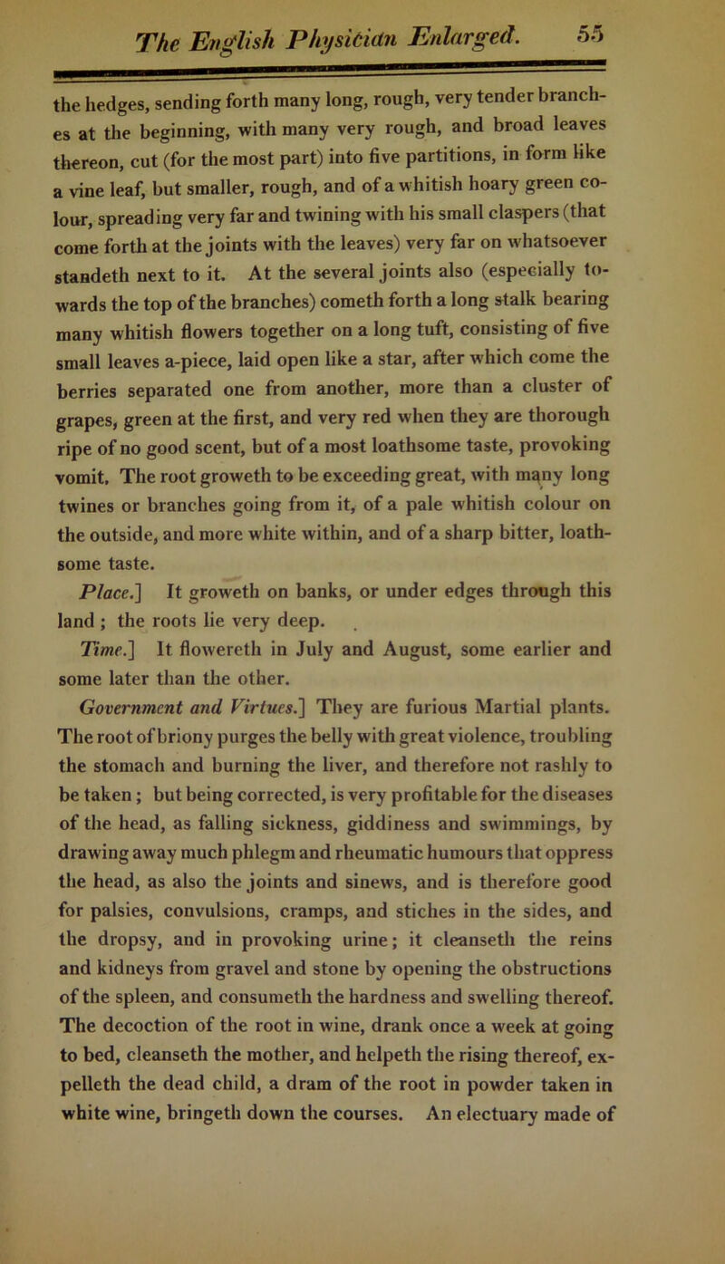 the hedges, sending forth many long, rough, very tender branch- es at the beginning, with many very rough, and broad leaves thereon, cut (for the most part) into five partitions, in form like a vine leaf, but smaller, rough, and of a whitish hoary green co- lour, spreading very far and twining with his small claspers (that come forth at the joints with the leaves) very far on whatsoever standeth next to it. At the several joints also (especially to- wards the top of the branches) cometh forth a long stalk bearing many whitish flowers together on a long tuft, consisting of five small leaves a-piece, laid open like a star, after which come the berries separated one from another, more than a cluster of grapes, green at the first, and very red when they are thorough ripe of no good scent, but of a most loathsome taste, provoking vomit. The root groweth to be exceeding great, with m^ny long twines or branches going from it, of a pale whitish colour on the outside, and more white within, and of a sharp bitter, loath- some taste. Place.] It groweth on banks, or under edges through this land ; the roots lie very deep. Time.] It flowereth in July and August, some earlier and some later than the other. Government and Virtues.] They are furious Martial plants. The root of briony purges the belly with great violence, troubling the stomach and burning the liver, and therefore not rashly to be taken; but being corrected, is very profitable for the diseases of the head, as falling sickness, giddiness and swimmings, by drawing away much phlegm and rheumatic humours that oppress the head, as also the joints and sinews, and is therefore good for palsies, convulsions, cramps, and stiches in the sides, and the dropsy, and in provoking urine; it cleanseth the reins and kidneys from gravel and stone by opening the obstructions of the spleen, and consumeth the hardness and swelling thereof. The decoction of the root in wine, drank once a week at going to bed, cleanseth the mother, and hclpeth the rising thereof, ex- pelleth the dead child, a dram of the root in powder taken in white wine, bringeth down the courses. An electuary made of