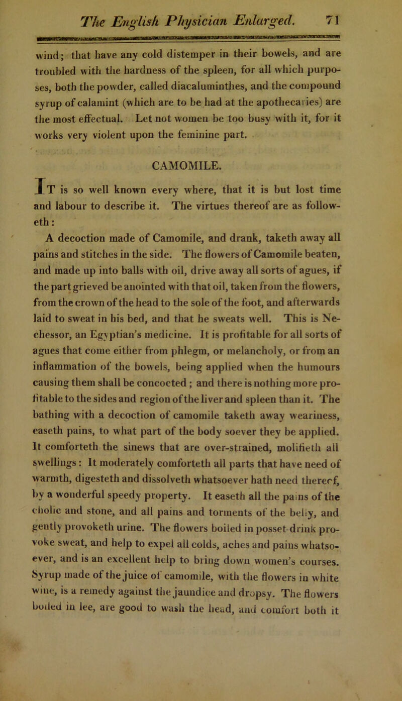 wind; that have any cold distemper in their bowels, and are troubled with the hardness of the spleen, for all which purpo- ses, both the powder, called diacalumintlies, and the compound syrup of calamint (which are to be had at the apothecaries) are the most effectual. Let not women be too busy with it, for it works very violent upon the feminine part. CAMOMILE. It is so w'ell known every where, that it is but lost time and labour to describe it. The virtues thereof are as follow- eth: A decoction made of Camomile, and drank, taketh aw ay all pains and stitches in the side. The flowers of Camomile beaten, and made up into balls with oil, drive away all sorts of agues, if the part grieved be anointed with that oil, taken from the flowers, from the crow'n of the head to the sole of the foot, and afterwards laid to sweat in his bed, and that he sweats well. This is Ne- chessor, an Egyptian’s medicine. It is profitable for all sorts of agues that come either from phlegm, or melancholy, or from an inflammation of the bowels, being applied when the humours causing them shall be concocted ; and there is nothing more pro- fitable to the sides and region of the liver and spleen than it. The bathing with a decoction of camomile taketh away weariness, easeth pains, to what part of the body soever they be applied. It comforteth the sinews that are over-strained, molifieth all swellings: It moderately comforteth all parts that have need of warmth, digesteth and dissolveth whatsoever hath need thereof, by a wonderful speedy property. It easeth all the pains of the cholic and stone, and all pains and torments of the belly, and gently provoketh urine. The flowers boiled in posset drink pro- voke sweat, and help to expel all colds, aches and pains whatso- ever, and is an excellent help to bring down women’s courses, isyrup made of the juice of camomile, with the flowers in white wine, is a remedy against the jaundice and dropsy. The flowers boded ill lee, are good to wash the head, and comfort both it f