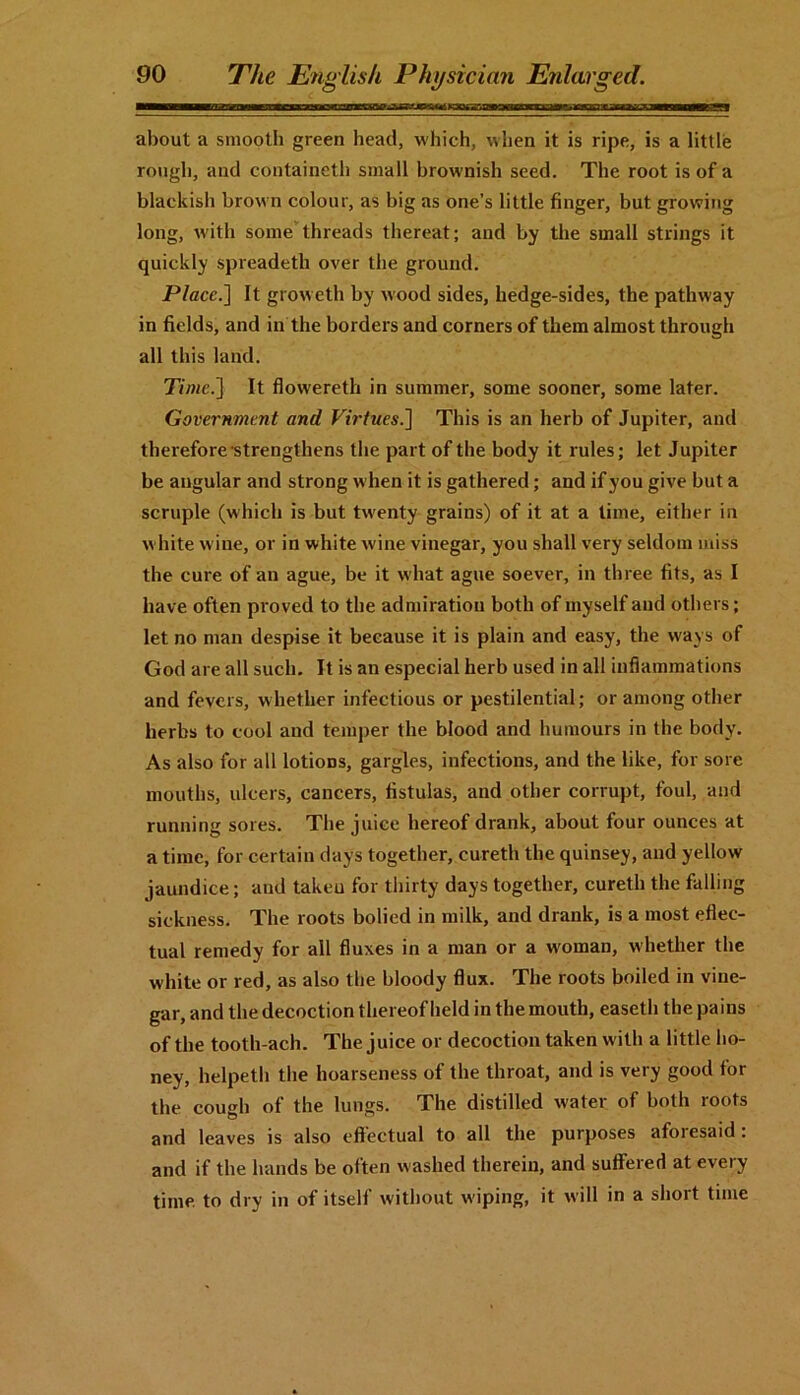 about a smooth green head, which, when it is ripe, is a little rough, and containeth small brownish seed. The root is of a blackish brown colour, as big as one’s little finger, but growing long, with some threads thereat; and by the small strings it quickly spreadetli over the ground. Place.] It groweth by wood sides, hedge-sides, the pathway in fields, and in the borders and corners of them almost through all this land. Time.] It flowereth in summer, some sooner, some later. Government and Virtues.] This is an herb of Jupiter, and therefore strengthens the part of the body it rules; let Jupiter be angular and strong when it is gathered; and if you give but a scruple (which is but twenty grains) of it at a time, either in white wine, or in white wine vinegar, you shall very seldom miss the cure of an ague, be it what ague soever, in three fits, as I have often proved to the admiratiou both of myself and others; let no man despise it because it is plain and easy, the ways of God are all such. It is an especial herb used in all inflammations and fevers, whether infectious or pestilential; or among other herbs to cool and temper the blood and humours in the body. As also for all lotions, gargles, infections, and the like, for sore mouths, ulcers, cancers, fistulas, and other corrupt, foul, and running sores. The juice hereof drank, about four ounces at a time, for certain days together, cureth the quinsey, and yellow jaundice; and takeu for thirty days together, cureth the falling sickness. The roots bolied in milk, and drank, is a most effec- tual remedy for all fluxes in a man or a woman, whether the white or red, as also the bloody flux. The roots boiled in vine- gar, and the decoction thereof held in the mouth, easeth the pains of the tooth-ach. The juice or decoction taken with a little ho- ney, helpeth the hoarseness of the throat, and is very good for the cough of the lungs. The distilled water of both roots and leaves is also effectual to all the purposes aforesaid : and if the hands be often washed therein, and suffered at eveiy time to dry in of itself without wiping, it will in a short time