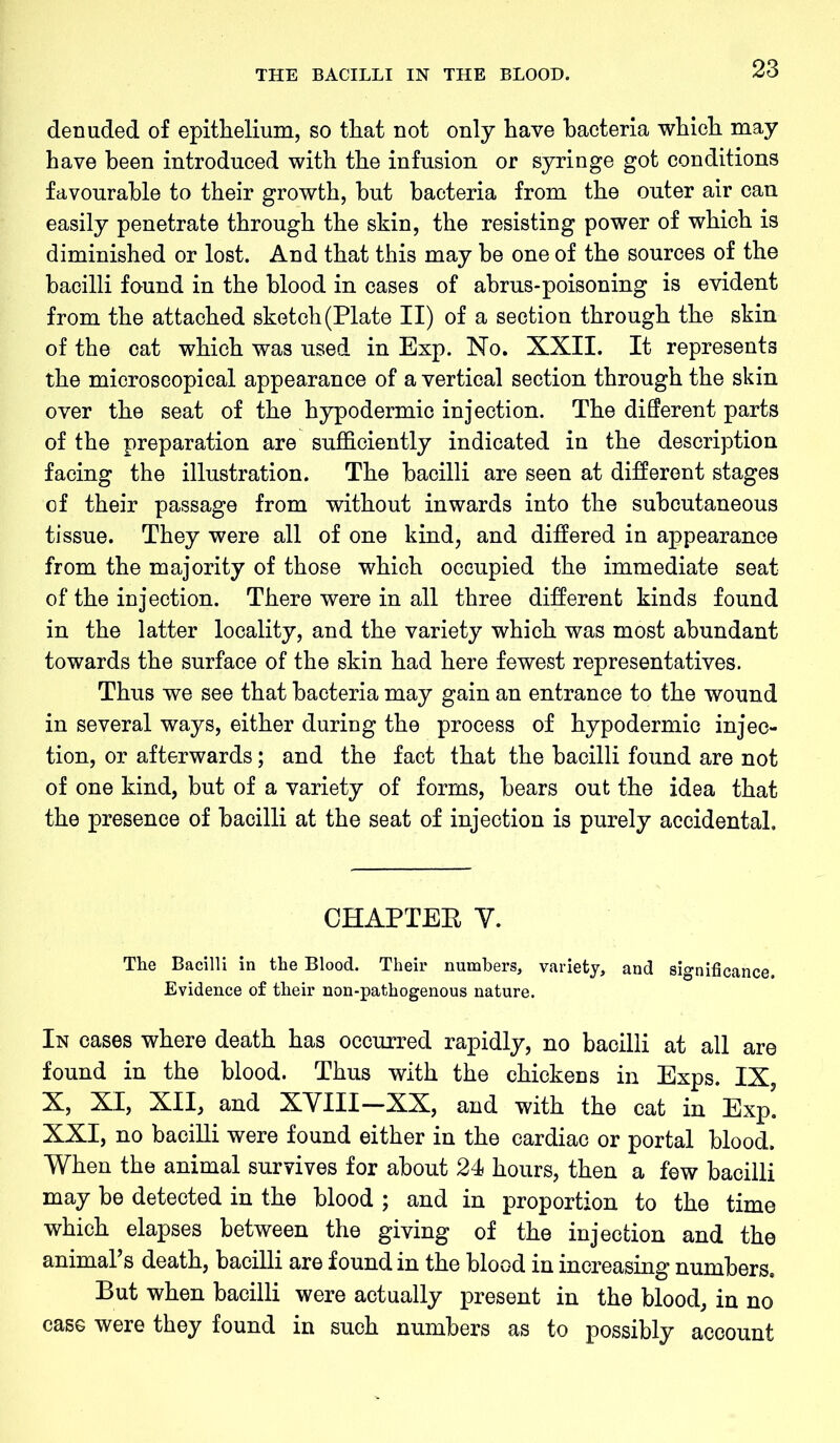 denuded of epithelium, so that not only have bacteria which may have been introduced with the infusion or syringe got conditions favourable to their growth, hut bacteria from the outer air can easily penetrate through the skin, the resisting power of which is diminished or lost. And that this may be one of the sources of the bacilli found in the blood in cases of abrus-poisoning is evident from the attached sketch (Plate II) of a section through the skin of the cat which was used in Exp. No. XXII. It represents the microscopical appearance of a vertical section through the skin over the seat of the hypodermic injection. The different parts of the preparation are sufficiently indicated in the description facing the illustration. The bacilli are seen at different stages of their passage from without inwards into the subcutaneous tissue. They were all of one kind, and differed in appearance from the majority of those which occupied the immediate seat of the injection. There were in all three different kinds found in the latter locality, and the variety which was most abundant towards the surface of the skin had here fewest representatives. Thus we see that bacteria may gain an entrance to the wound in several ways, either during the process of hypodermic injec- tion, or afterwards; and the fact that the bacilli found are not of one kind, but of a variety of forms, bears out the idea that the presence of bacilli at the seat of injection is purely accidental. CHAPTER Y. The Bacilli in the Blood. Their numbers, variety, and significance. Evidence of their non-pathogenous nature. In cases where death has occurred rapidly, no bacilli at all are found in the blood. Thus with the chickens in Exps. IX, X, XI, XII, and XVIII—XX, and with the cat in Exp. XXI, no bacilli were found either in the cardiac or portal blood. When the animal survives for about 24 hours, then a few bacilli may be detected in the blood ; and in proportion to the time which elapses between the giving of the injection and the animal’s death, bacilli are found in the blood in increasing numbers. But when bacilli were actually present in the blood, in no case were they found in such numbers as to possibly account