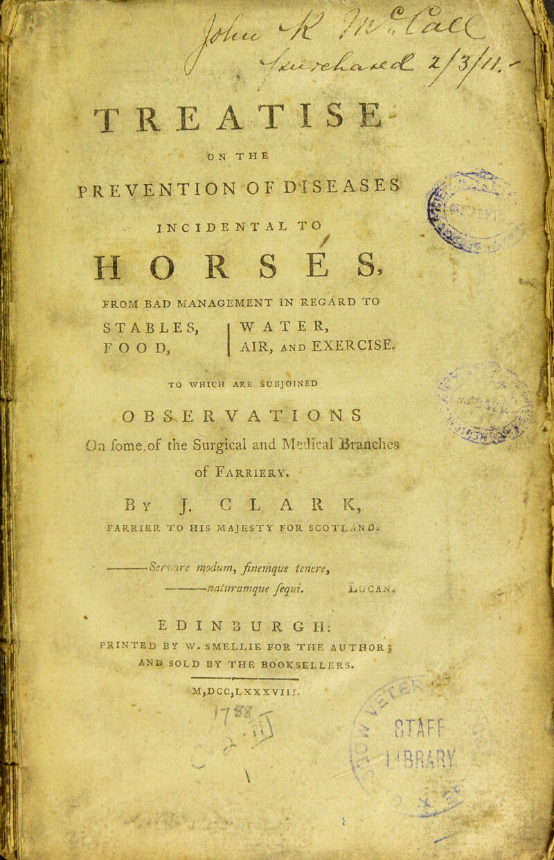 ON THE PREVENTION OE DISEASES INCIDENTAL TO / HORSES, FROM BAD MANAGEMENT IN REGARD TO STABLES, FOOD, W A T E R, AIR, and EXERCISE. TO WHICH ARE SUBJOINED OBSERVATIONS On fome,of the Surgical and Medical Branches of Farriery. By J. C L A R K, FARRIER TO HIS MAJESTY FOR SCOTLaND. s. • * - • 'v  r \ . > /' 7-i>/ r -U*1' V • Ser: are modum, fmemque ienere, naturamque fequi. jl> u C A N. EDINBURGH: PRINTED BY W. SMELLIE FOR THF, AUTHOR 5 AND SOLD BY THE BOOKSELLERS. M,DCC,LXXXVII|. ■ \ \ V STAFF & MBRM