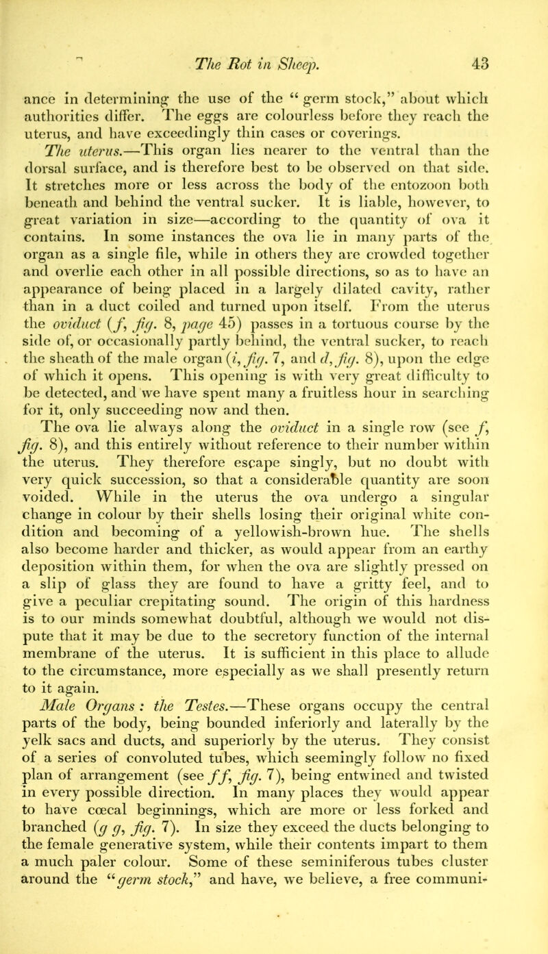 ance in determining the use of the “ germ stock,” about which authorities differ. The eggs are colourless before they reach the uterus, and have exceedingly thin cases or coverings. The uterus.—This organ lies nearer to the ventral than the dorsal surface, and is therefore best to be observed on that side. It stretches more or less across the body of the entozoon both beneath and behind the ventral sucker. It is liable, however, to great variation in size—according to the quantity of ova it contains. In some instances the ova lie in many parts of the organ as a single file, while in others they are crowded together and overlie each other in all possible directions, so as to have an appearance of being placed in a largely dilated cavity, rather than in a duct coiled and turned upon itself. From the uterus the oviduct (j) jig. 8, page 45) passes in a tortuous course by the side of, or occasionally partly behind, the ventral sucker, to reach the sheath of the male organ (z, jig. 7, and d, jig. 8), upon the edge of which it opens. This opening is with very great difficulty to be detected, and we have spent many a fruitless hour in searching for it, only succeeding now and then. The ova lie always along the oviduct in a single row (see j\ jig. 8), and this entirely without reference to their number within the uterus. They therefore escape singly, but no doubt with very quick succession, so that a considerable quantity are soon voided. While in the uterus the ova undergo a singular change in colour by their shells losing their original white con- dition and becoming of a yellowish-brown hue. The shells also become harder and thicker, as would appear from an earthy deposition within them, for when the ova are slightly pressed on a slip of glass they are found to have a gritty feel, and to give a peculiar crepitating sound. The origin of this hardness is to our minds somewhat doubtful, although we would not dis- pute that it may be due to the secretory function of the internal membrane of the uterus. It is sufficient in this place to allude to the circumstance, more especially as we shall presently return to it again. Male Organs : the Testes.—These organs occupy the central parts of the body, being bounded inferiorly and laterally by the yelk sacs and ducts, and superiorly by the uterus. They consist of a series of convoluted tubes, which seemingly follow no fixed plan of arrangement (see ff9 jig. 7), being entwined and twisted in every possible direction. In many places they would appear to have ccecal beginnings, which are more or less forked and branched (g g, jig. 7). In size they exceed the ducts belonging to the female generative system, while their contents impart to them a much paler colour. Some of these seminiferous tubes cluster around the “germ stock” and have, we believe, a free communi-
