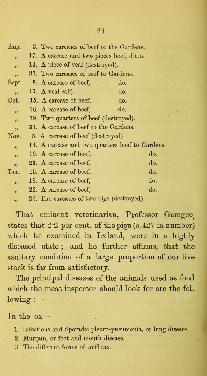 Aug. 3. Two carcases of beef to the Gardens, „ 17. A carcase and two pieces beef, ditto. „ 14. A piece of veal (destroyed). „ 31. Two carcases of beef to Gardens. Sept. 8. A carcase of beef, do. 11. A veal calf, do. Oct, 15. A carcase of beef, do. 16. A carcase of beef, do. „ 19. Two quarters of beef (destroyed). „ 8L A carcase of beef to the Gardens. Nov, 3. A carcase of beef (destroyed) „ 14. A carcase and two quarters beef to Gardens „ 19. A carcase of beef, do. „ 22. A carcase of beef, do. Dec. 15. A carcase of beef, do. „ 19. A carcase of beef, do. „ 22. A carcase of beef, do. „ 26. The carcases of two pigs (destroyed). That eminent veterinarian, Professor Gamgee? states that 2 ’2 per cent, of the pigs (5,427 in number) which he examined in Ireland, were in a highly- diseased state; and he further affirms, that the sanitary condition of a large proportion of our live stock is far from satisfactory. The principal diseases of the animals used as food which the meat inspector should look for are the fol- lowing In the ox— 1. Infectious and Sporadic pleuro-pneumonia, or lung disease. 2. Murrain, or foot and mouth disease. 3. The different forms of anthrax.