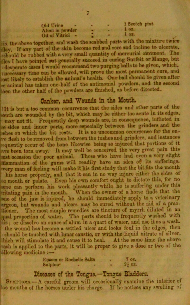 Old Urine - - - 1 ?eotch pint. Alum in powder - * 1 0JL Oil of Vitriol - I - 1 °*- ,ix the above together, and wash the scabbed parts with the mixture twice *llav If any part of the skin become red and sore and incline to ulcerate, should be rubbed with a very small quantity of mercurial ointment. The illes I have pointed out generally succeed in curing Surfeit or Mange, but jVdesperute cases I would recommend two purging balls to be given, which. ;, necessary time can be allowed, will prove the most permanent cure, ami irist likely to establish the animal’s health. One ball should be given after U animal has taken one-half of the antimonial powders, and the second ken the other half of the powders are finished, as before directed. Canker, and Wounds in the Mouth. ' It is but a too common occurrence that the sides and other parts of the outh are wounded by the bit, which may be cither too acute in its edges, 1 may not fit. Frequently deep wounds are, in consequence, inflicted in «e sides and inner parts, more especially between the grinders and the pshes on which the bit rests. It is no uncommon occurrence for the en- Hj flesh to bo removed from lie tween the tushes and grinders, and instances jpnqueotly occur of the bone likewise being so injured that portions ol it five been torn away. It may well bo conceived the very great pain this ust occasion the poor animal. Those who havo had even a very slight ufiammation of tho gums will readily havo an idea of its sufferings, i^very man of feeling will make it his first study that the bit tits the mouth [ his horse properly, and that it can in no way injure either the sides of >■ e mouth or palate. Even his own comfort ought to dictate this, for no carse can perform his work pleasantly while he is suffering under this :ritating pain in the mouth. When the owner of a horse finds that the j>ne of tho jaw is injured, he should immediately apply to a veterinary itrgeon, but wounds and ulcers may bo cured without the aid ol a prac- tioner. The most simple remedies are tincture of myrrh diluted in an iqual proportion of water. The parts should be frequently washed with : us; or dissolve an ounce of alum in a quart of water, and use it os a wash. [ the wound has become a settled ulcer and looks foul in the edges, then i should be touched with lunar caustic, or with tho liquid nitrate of silver, hich will stimulate it and cause it to heal. At the same time the above r ash is applied to the parts, it will be proper to give a dose or two of tho allowing medicine :— Epsom or Rochelle Salts - 1 oz. Sulphur - - - 21 oz. Diseases of the Tongue.—Tongue Bladders. i Stmttoms.—A careful groom will occasionally examine the interior of f ae mouths of the horses under his charge. If he notices any swelling ot