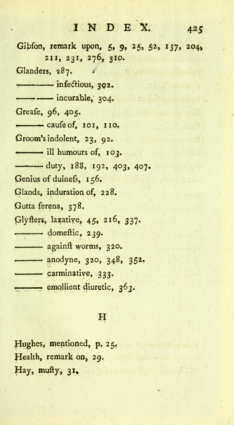 Gijafon, remark upon, 5, 9, 25, 52, 137, 204* 211, 231, 276, 310. Glanders, 287. / infe&ious, 302, * incurable, 304, Greafe, 96, 405. — — caufeof, roi, no, Groom’s indolent, 23, 92. ■■ ill humours of, 103. duty, ?88, 192, 403, 407. Genius of dulnefs, 156. Glands, induration of, 228. Gutta ferena, 378. Glyfters, laxative, 45, 216, 337. domeftic, 239. • againft worms, 320. • anodyne, 320, 348, 352, • carminative, 333. ———- einqllient diuretic, 363. H Hughes, mentioned, p. 25, Health, remark on, 29. Hay, mufty, 31.