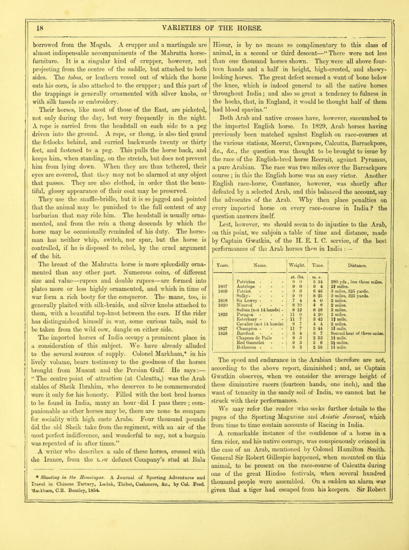 borrowed from the Moguls. A crupper and a martingale are almost indispensable accompaniments of the Mahratta horse- furniture. It is a singular kind of crupper, however, not projecting from the centre of the saddle, but attached to both sides. The tobsa, or leathern vessel out of which the horse eats his com, is also attached to the crupper; and this part of the trappings is generally ornamented with silver knobs, or with silk tassels or embroidery. Their horses, like most of those of the East, are picketed, not only during the day, but very frequently in the night. A rope is carried from the headstall on each side to a peg driven into the ground. A rope, or thong, is also tied round the fetlocks behind, and carried backwards twenty or thirty feet, and fastened to a peg. This pulls the horse back, and keeps him, when standing, on the stretch, but does not prevent him from lying down. When they are thus tethered, their eyes are covered, that they may not be alarmed at any object that passes. They are also clothed, in order that the beau- tiful, glossy appearance of their coat may be preserved. They use the snaffle-bridle, but it is so jagged and pointed that the animal may be punished to the full content of any barbarian that -may ride him. The headstall is usually orna- mented, and from the rein a thong descends by which the horse may be occasionally reminded of his duty. The horse- man has neither whip, switch, nor spur, but the horse is controlled, if he is disposed to rebel, by the cruel argument of the bit. The breast of the Mahratta horse is more splendidly orna- mented than any other part. Numerous coins, of different size and value—rupees and double rupees—are formed into plates more or less highly ornamented, and which in time of war form a rich booty for the conqueror. The mane, too, is generally plaited with silk-braids, and silver knobs attached to them, with a beautiful top-knot between the ears. If the rider has distinguished himself in war, some curious tails, said to be taken from the wild cow, dangle on either side. The imported horses of India occupy a prominent place in a consideration of this subject. We have already alluded to the several sources of supply. Colonel Markham,* in his lively volume, bears testimony to the goodness of the horses brought from Muscat and the Persian Gulf. He says:— “ The centre point of attraction (at Calcutta,) was the Arab stables of Sheik Ibrahim, who deserves to be commemorated were it only for his honesty. Filled with the best bred horses to be found in India, many an hour -did I pass there ; com- panionable as other horses may be, there are none to compare for sociality with high caste Arabs. Four thousand pounds did the old Sheik take from the regiment, with an air of the most perfect indifference, and wonderful to say, not a bargain was repented of in after times.” A writer who describes a sale of these horses, crossed with the Iranee, from the ujw defunct Company’s stud at Bala * Shooting in the Himalayas. A Journal of Sporting Adventures and Travel in Chinese Tartary, Ladak, Thibet, Cashmere, &c., by Col. Fred. Maikham, C.B. Bentley, 1854. Hissar, is by no means so complimentary to this class of animal, in a second or third descent—“ There were not less than one thousand horses shown. They were all above four- teen hands and a half in height, high-crested, and showy- looking horses. The great defect seemed a want of bone below the knee, which is indeed general to all the native horses throughout India; and also so great a tendency to fulness in the hocks, that, in England, it would be thought half of them had blood spavins.” Both Arab and native crosses have, however, succumbed to the imported English horse. In 1829, Arab horses having previously been matched against English on race-courses at the various stations, Meerut, Cawnpore, Calcutta, Barrackpore, &c., &c., the question was thought to be brought to issue by the race of the English-bred horse Recruit, against Pyramus, a pure Arabian. The race was two miles over the Barrackpore course ; in this the English horse was an easy victor. Another English race-horse, Constance, however, was shortly after defeated by a selected Arab, and this balanced the account, say the advocates of the Arab. Why then place penalties on every imported horse on every race-course in India ? the question answers itself. Lest, however, we should seem to do injustice to the Arab, on this point, we subjoin a table of time and distance, made by Captain Gwatkin, of the H. E. I. C. service, of the best performances of the Arab horses thon in India :— The speed and endurance in the Arabian therefore are not, according to the above report, diminished; and, as Captain Gwatkin observes, when we consider the average height of these diminutive racers (fourteen hands, one inch), and the want of tenacity in the sandy soil of India, we cannot but be struck with their performances. We may refer the reader who seeks further details to the pages of the Sporting Magazine and Asiatic Journal, which from time to time contain accounts of Racing in India. A remarkable instance of the confidence of a horse in a firm rider, and his native courage, was conspicuously evinced in the case of an Arab, mentioned by Colonel Hamilton Smith. General Sir Robert Gillespie happened, when mounted on this animal, to be present on the race-course of Calcutta during one of the great Hindoo festivals, when several hundred thousand people were assembled. On a sudden an alarm was given that a tiger had escaped from his keepers. Sir Robert