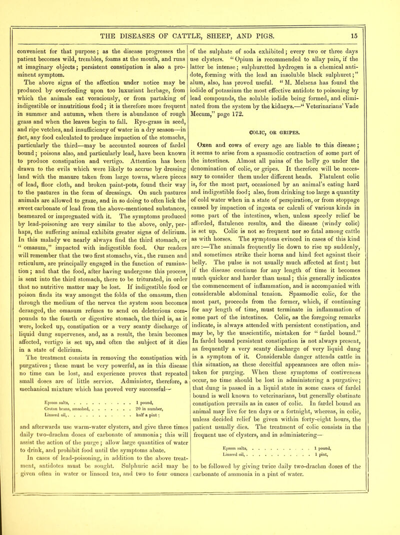 convenient for that purpose; as the disease progresses the patient becomes wild, trembles, foams at the mouth, and runs at imaginary objects; persistent constipation is also a pro- minent symptom. The above signs of the affection under notice may be produced by overfeeding upon too luxuriant herbage, from which the animals eat voraciously, or from partaking of indigestible or innutritious food; it is therefore more frequent in summer and autumn, when there is abundance of rough grass and when the leaves begin to fall. Rye-grass in seed, and ripe vetches, and insufficiency of water in a dry season—in fact, any food calculated to produce impaction of the stomachs, particularly the third—may be accounted sources of fardel bound; poisons also, and particularly lead, have been known to produce constipation and vertigo. Attention has been drawn to the evils which were likely to accrue by dressing land with the manure taken from large towns, where pieces of lead, floor cloth, and broken paint-pots, found their way to the pastures in the form of dressings. On such pastures animals are allowed to graze, and in so doing to often lick the sweet carbonate of lead from the above-mentioned substances, besmeared or impregnated with it. The symptoms produced by lead-poisoning are very similar to the above, only, per- haps, the suffering animal exhibits greater signs of delirium. In this malady we nearly always find the third stomach, or “ omasum,” impacted with indigestible food. Our readers will remember that the two first stomachs, viz., the rumen and reticulum, are principally engaged in the function of rumina- tion ; and that the food, after having undergone this process is sent into the third stomach, there to be triturated, in order that no nutritive matter may be lost. If indigestible food or poison finds its way amongst the folds of the omasum, then through the medium of the nerves the system soon becomes deranged, the omasum refuses to send on deleterious com- pounds to the fourth or digestive stomach, the third is, as it were, locked up, constipation or a very scanty discharge of liquid dung supervenes, and, as a result, the brain becomes affected, vertigo is set up, and often the subject of it dies in a state of delirium. The treatment consists in removing the constipation with purgatives; these must be very powerful, as in this disease no time can be lost, and experience proves that repeated small doses are of little service. Administer, therefore, a mechanical mixture which has proved very successful- Epsom salts, 1 pound, Croton brans, smashed, 20 in number, Linseed oil, . . half a pint; and afterwards use warm-water clysters, and give three times daily two-drachm doses of carbonate of ammonia; this will assist the action of the purge ; allow large quantities of water to drink, and prohibit food until the symptoms abate. In cases of lead-poisoning, in addition to the above treat- ment, antidotes must be sought. Sulphuric acid may be given often in water or linseed tea, and two to four ounces of the sulphate of soda exhibited; every two or three days use clysters. “ Opium is recommended to allay pain, if the latter be intense; sulphuretted hydrogen is a chemical anti- dote, forming with the lead an insoluble black sulpliuret; ” alum, also, has proved useful. te M. Melsens has found the iodide of potassium the most effective antidote to poisoning by lead compounds, the soluble iodide being formed, and elimi- nated from the system by the kidneys.—u Veterinarians’Yade Mecum,” page 172. COLIC, OR GRIPES. Oxen and cows of every age are liable to this disease; it seems to arise from a spasmodic contraction of some part of the intestines. Almost all pains of the belly go under the denomination of colic, or gripes. It therefore will be neces- sary to consider them under different heads. Flatulent colic is, for the most part, occasioned by an animal’s eating hard and indigestible food; also, from drinking too large a quantity of cold water when in a state of perspiration, or from stoppage caused by impaction of ingesta or calculi of various kinds in some part of the intestines, when, unless speedy relief be afforded, flatulence results, and the disease (windy colic) is set up. Colic is not so frequent nor so fatal among cattle as with horses. The symptoms evinced in cases of this kind are:—The animals frequently lie down to rise up suddenly, and sometimes strike their horns and hind feet against their belly. The pulse is not usually much affected at first; but if the disease continue for any length of time it becomes much quicker and harder than usual; this generally indicates the commencement of inflammation, and is accompanied with considerable abdominal tension. Spasmodic colic, for the most part, proceeds from the former, which, if continuing for any length of time, must terminate in inflammation of some part of the intestines. Colic, as the foregoing remarks indicate, is always attended with persistent constipation, and may be, by the unscientific, mistaken for “ fardel bound.” In fardel bound persistent constipation is not always present, as frequently a very scanty discharge of very liquid dung is a symptom of it. Considerable danger attends cattle in this situation, as these deceitful appearances are often mis- taken for purging. When these symptoms of costiveness occur, no time should be lost in administering a purgative; that dung is passed in a liquid state in some cases of fardel bound is well known to veterinarians, but generally obstinate constipation prevails as in cases of colic. In fardel bound an animal may live for ten days or a fortnight, whereas, in colic, unless decided relief be given within forty-eight hours, the patient usually dies. The treatment of colic consists in the frequent use of clysters, and in administering— Epsom salts, 1 pound, Linseed oil, 1 pint, to be followed by giving twice daily two-drachm doses of the carbonate of ammonia in a pint of water.