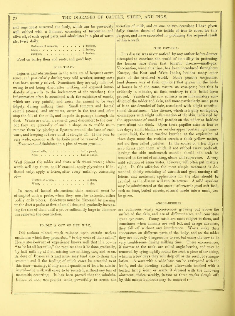 and rugs must surround the body, which can be previously well rubbed with a liniment consisting of turpentine and olive oil, of each equal parts, and administer in a pint of warm ale, twice daily. Carbonate of ammonia, 2 drachms, Aloes, 1 drachm, Camphor, 1 drachm. Feed on barley flour and roots, and good hay. SORE TEATS. Injuries and obstructions in the teats are of frequent occur- rence, and particularly during very cold weather, among cows that have recently calved. Sometimes they are only inflamed, owing to not being dried after milking, and exposed imme- diately afterwards to the inclemency of the weather; this inflammation often is associated with the existence of cracks, which are very painful, and cause the animal to be very fidgety during milking time. Small tumours and lacteal calculi (stones), and strictures, occur in the teat and often stop the fall of the milk, and impede its passage through the duct. Warts are often a cause of great discomfort to the cow; but they are generally of such a shape as to enable us to remove them by placing a ligature around the base of each wart, and keeping it there until it sloughs off. If the base be very wide, excision with the knife must be resorted to. Treatment.—Administer in a pint of warm gruel— Epsom salts, half a pound, Nitre, half an ounce. Well foment the udder and teats with warm water; after- wards well dry them, and if cracked, apply glycerine : if in- flamed only, apply a lotion, after every milking, consisting of— Tincture of arnica 1 ounce. Water, 1 pint. In cases of lacteal obstructions their removal must be attempted with a probe, when they must be extracted either bodily or in pieces. Strictures must be dispersed by passing up the duct a probe at first of small size, and gradually increas- ing the size of them until a probe sufficiently large in diameter has removed the constriction. TO DRY A COW OF HER MILK. Old authors placed much reliance upon certain useless medicines which they prescribed “ to dry cows of their milk.” Every stock-owner of experience knows well that if a cow is 11 to be let off her milk,” she requires that it be done gradually, by half milking at first, missing one milking, two, and so on. A dose of Epsom salts and nitre may tend also to drain the system; and if the feeding of milch cows be attended to at this time—namely, if only small quantities of food be admin- istered—the milk will cease to be secreted, without any fear of mammitis occurring. It has been proved that the adminis- tration of iron compounds tends powerfully to arrest the secretion of milk, and on one or two occasions I have given daily drachm doses of the iodide of iron to cows, for this purpose, and have succeeded in producing the required result within a week. THE COW-POX. This disease was never noticed by any author before Jenner attempted to convince the world of its utility in protecting the human race from that baneful disease—small-pox. Vaccination, since this time, has been introduced throughout Europe, the East and West Indies, besides many other parts of the civilized world. Some persons conjecture, (and Jenner was of their opinion) that grease in the heels of horses is of the same nature as cow-pox; but this is evidently a mistake, as facts contrary to this belief have proved. Variola of the cow consists in an inflammatory con- dition of the udder and skin, and more particularly such parts of it as are denuded of hair, associated with slight constitu- tional disturbance. The disease, which is highly contagious, commences with slight inflammation of the skin, indicated by the appearance of small red patches on the udder or hairless parts about the dock. Upon these papillse arise in four or five days; small bladders or vesicles appear containing a trans- parent fluid, the true vaccine lymph: at the expiration of three days more the vesicles secrete a thick yellow matter, and are then called pustules. In the course of a few days a scab forms upon them, which, if not rubbed away, peels off, leaving the skin underneath sound; should the scab be removed in the act of milking, ulcers will supervene. A very mild solution of alum water, however, will often put matters right. In this affection the most simple treatment is de- manded, chiefly consisting of warmth and good nursing : all lotions and medicinal applications for the skin should be avoided, as the disease will run its course. A mild aperient may be administered at the onset; afterwards good soft food, such as bran, boiled carrots, oatmeal made into a mash, can be given. ANGLE-BERRIES are cutaneous warty excrescences growing out above the | surface of the skin, and are of different sizes, and constitute great eye-sores. Young cattle are most subject to them, and sometimes when animals are well fed, and as age advances, they fall off without any interference. Warts make their appearance on different parts of the body, and on the udder they are not only disagreeable to see, but cause the cow to be very troublesome during milking time. These excrescences, if narrow at the neck, are called angle-berries, and may be removed by tying tightly round the neck a piece of tar string, when in a few days they will drop off, as the result of strangu- lation. A wart with a wide base can be extirpated with the knife, and the bleeding surface afterwards touched with a heated firing iron; or warts, if dressed with the following ointment, thrice weekly, in two or three weeks slough off: by this means hundreds may be removed:—•