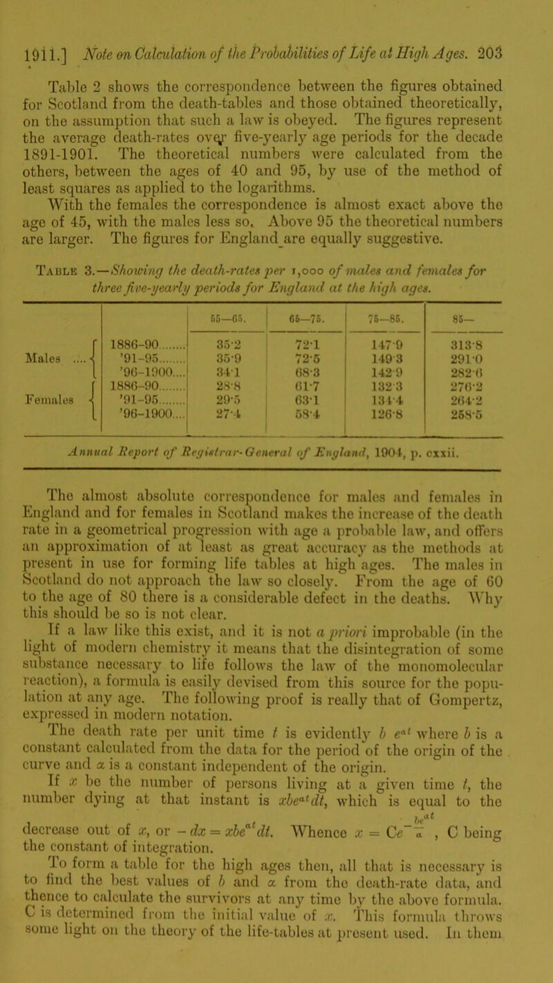 Table 2 shows the correspondence between the figures obtained for Scotland from the death-tables and those obtained theoretically, on the assumption that such a law is obeyed. The figures represent the average death-rates ovty- five-yearly age periods for the decade 1891-1901. The theoretical numbers were calculated from the others, between the ages of 40 and 95, by use of the method of least squares as applied to the logarithms. With the females the correspondence is almost exact above the age of 45, with the males less so. Above 95 the theoretical numbers are larger. The figures for Englandare equally suggestive. Table 3.—Showing the death-rates per i,ooo of males and females for three five-yearly periods for England at the high ages. 65—05. 65—75. 76-85. 85— r 188(5-90 352 72-1 1479 313-8 Males •< ’91-95 359 725 1493 2910 1 ’96-1900.... 341 68-3 1429 282(1 [ 1886-90 28-8 61-7 132 3 276-2 Females t '91-95 29-5 63-1 13 4-4 264-2 l ’96-1900.... 27-4 68*4 126-8 268-5 Annual Report of Registrar-General of England, 1904, p. cxxii. The almost absolute correspondence for males and females in England and for females in Scotland makes the increase of the death rate in a geometrical progression with age a probable law, and offers an approximation of at least as great accuracy as the methods at present in use for forming life tables at high ages. The males in Scotland do not approach the law so closely. From the age of 60 to the age of 80 there is a considerable defect in the deaths. Why this should be so is not clear. If a law like this exist, and it is not a priori improbable (in the light of modern chemistry it means that the disintegration of some substance necessary to life follows the law of the monomolecular reaction), a formula is easily devised from this source for the popu- lation at any age. The following proof is really that of Gompertz, expressed in modern notation. The death rate per unit time t is evidently b eat where b is a constant calculated from the data for the period of the origin of the curve and a is a constant independent of the origin. If x be the number of persons living at a given time t, the number dying at that instant is xbeatdt, which is equal to the decrease out of x, or - dx = xbea'dt. Whence x = Ce~i , C being the constant of integration. To form a table for the high ages then, all that is necessary is to find the best values of b and a from the death-rate data, and thence to calculate the survivors at any time by the above formula. G is determined from the initial value of x. This formula throws some light on the theory of the life-tables at present used. In them