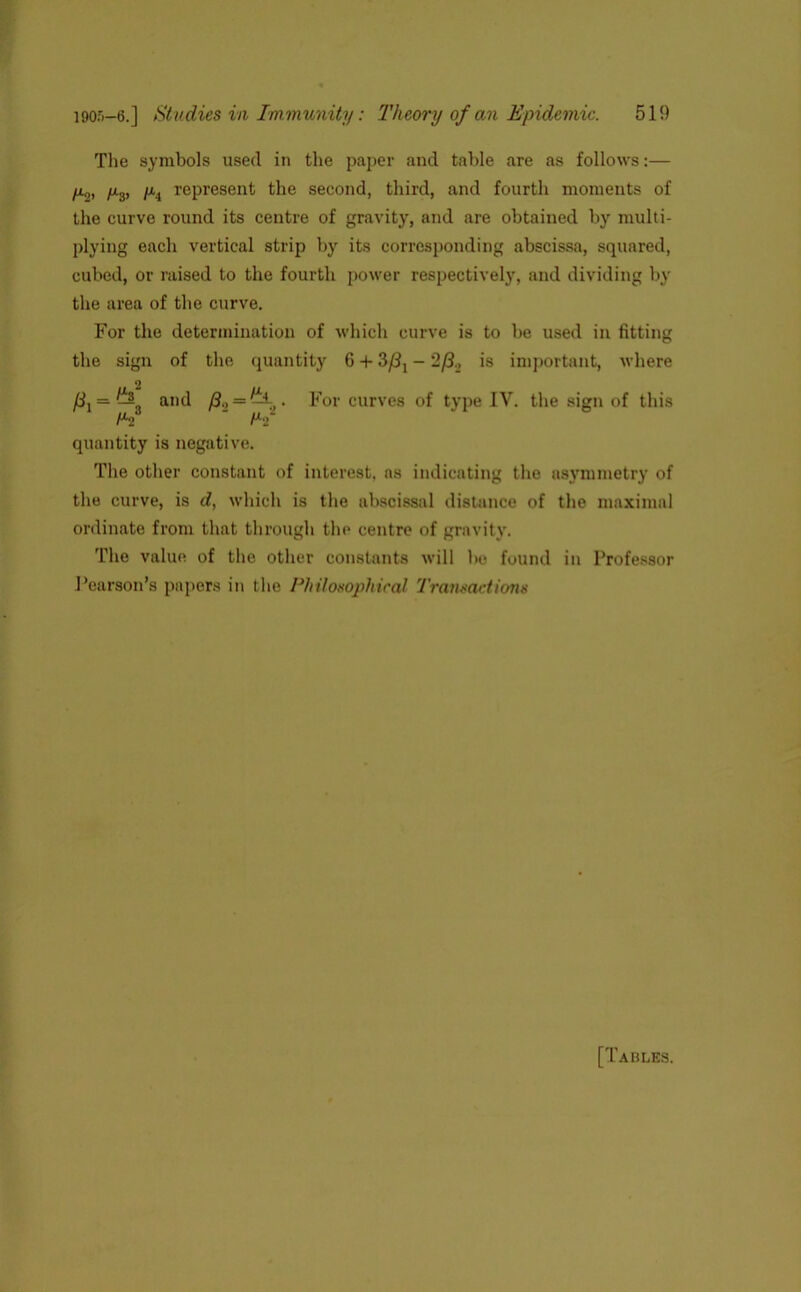 The symbols used in the paper and table are as follows:— fi2, /x3, represent the second, third, and fourth moments of the curve round its centre of gravity, and are obtained by multi- plying each vertical strip by its corresponding abscissa, squared, cubed, or raised to the fourth power respectively, and dividing by the area of the curve. For the determination of which curve is to be used in fitting the sign of the quantity 6 + 3/3l - 2(3., is important, where (31 = —, and (3»=— . For curves of type IV. the sign of this /V “ /V quantity is negative. The other constant of interest, as indicating the asymmetry of the curve, is d, which is the abscissnl distance of the maximal ordinate from that through the centre of gravity. The value of the other constants will bo found in Professor Pearson’s papers in the Philosophical Transactions [Tables.