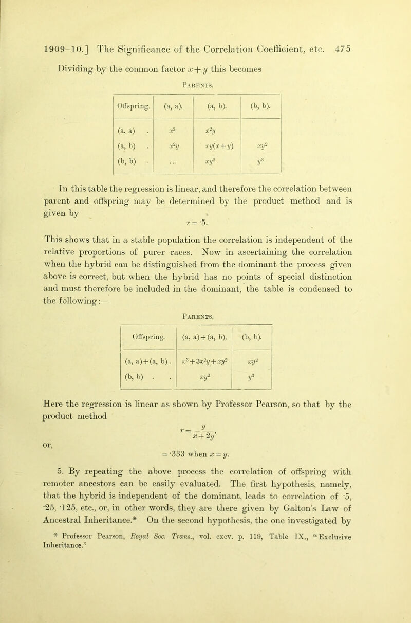 Dividing by the common factor x-\-y this becomes Parents. Offspring. (a, a). (a, b). (b, b). (a, a) X3 x2y (a, b) . x2y xy(x + y) xy2 (b, b) . xy2 y3 In this table the regression is linear, and therefore the correlation between parent and offspring may be determined by the product method and is given by ?• = • 5. This shows that in a stable population the correlation is independent of the relative proportions of purer races. Now in ascertaining the correlation when the hybrid can be distinguished from the dominant the process given above is correct, but when the hybrid has no points of special distinction and must therefore be included in the dominant, the table is condensed to the following:— Parents. Offspring. (a, a) + (a, b). (a, a) + (a, b). (b, b) . . x3 + 3 x2y + xy2 xy2 Here the regression is linear as shown by Professor Pearson, so that by the product method r = — ^ x+2y or, - -333 when x — y. 5. By repeating the above process the correlation of offspring with remoter ancestors can be easily evaluated. The first hypothesis, namelv, that the hybrid is independent of the dominant, leads to correlation of \5, •25, T25, etc., or, in other words, they are there given by Galton’s Law of Ancestral Inheritance.* On the second hypothesis, the one investigated by * Professor Pearson, Royal Soc. Trans., vol. cxcv. p. 119, Table IX., “Exclusive Inheritance.”