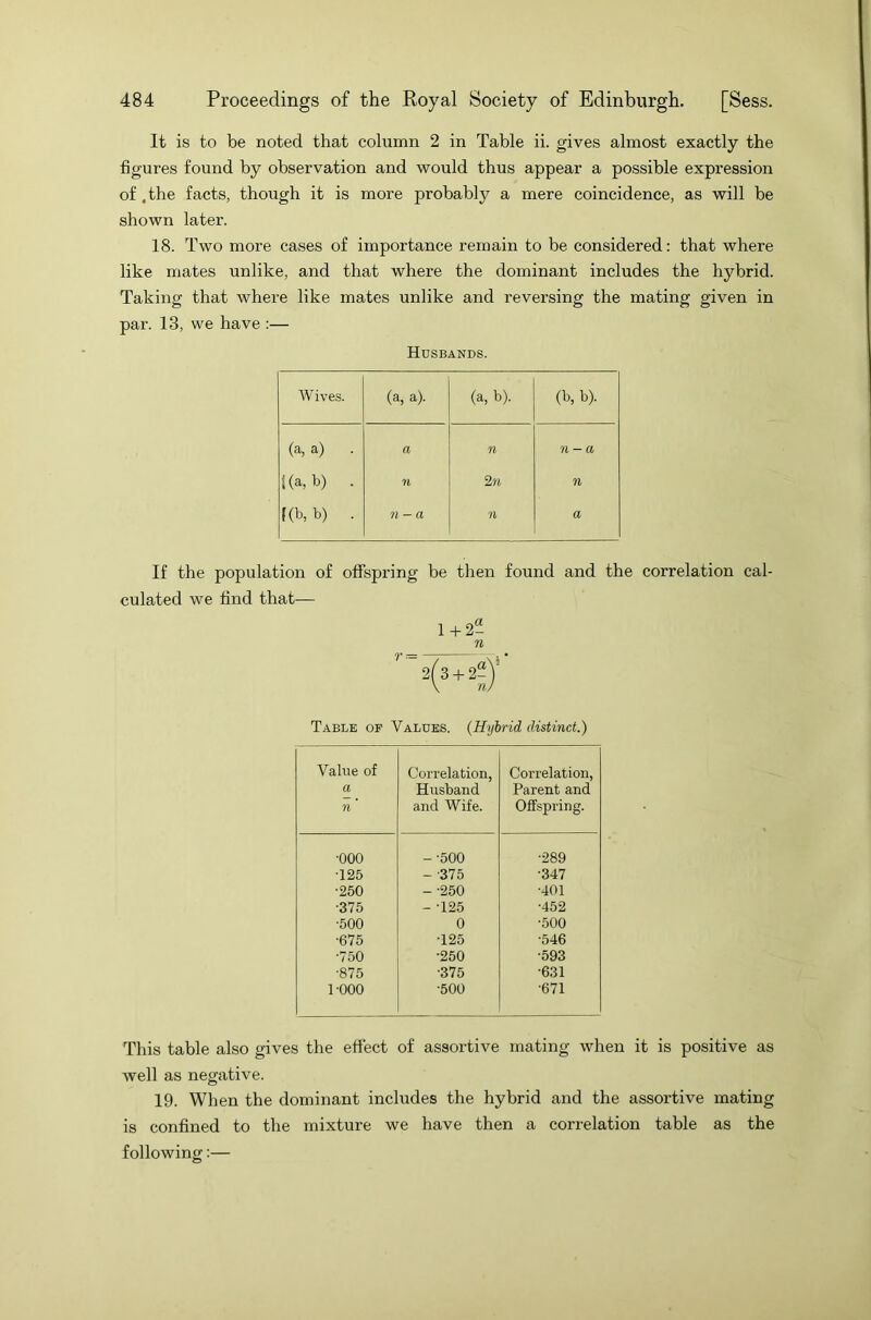 It is to be noted that column 2 in Table ii. gives almost exactly the figures found by observation and would thus appear a possible expression of .the facts, though it is more probably a mere coincidence, as will be shown later. 18. Two more cases of importance remain to be considered: that where like mates unlike, and that where the dominant includes the hybrid. Taking that where like mates unlike and reversing the mating given in par. 13, we have :— Husbands. W ives. (a, a). (a, b). (b, b). (a, a) . a n n - a S (a, b) • n 2 n n Kb, b) . n - a n a If the population of offspring be then found and the correlation cal- culated we find that— 1 + 2- 2( 3 + 2- Table of Values. {Hybrid distinct.) Value of a n Correlation, Husband and Wife. Correlation, Parent and Offspring. •ooo - -500 •289 •125 - 375 •347 •250 -•250 •401 •375 - -125 •452 •500 0 •500 •675 •125 •546 •750 •250 •593 ■875 •375 •631 1-000 •500 •671 This table also gives the effect of assortive mating when it is positive as well as negative. 19. When the dominant includes the hybrid and the assortive mating is confined to the mixture we have then a correlation table as the following:—