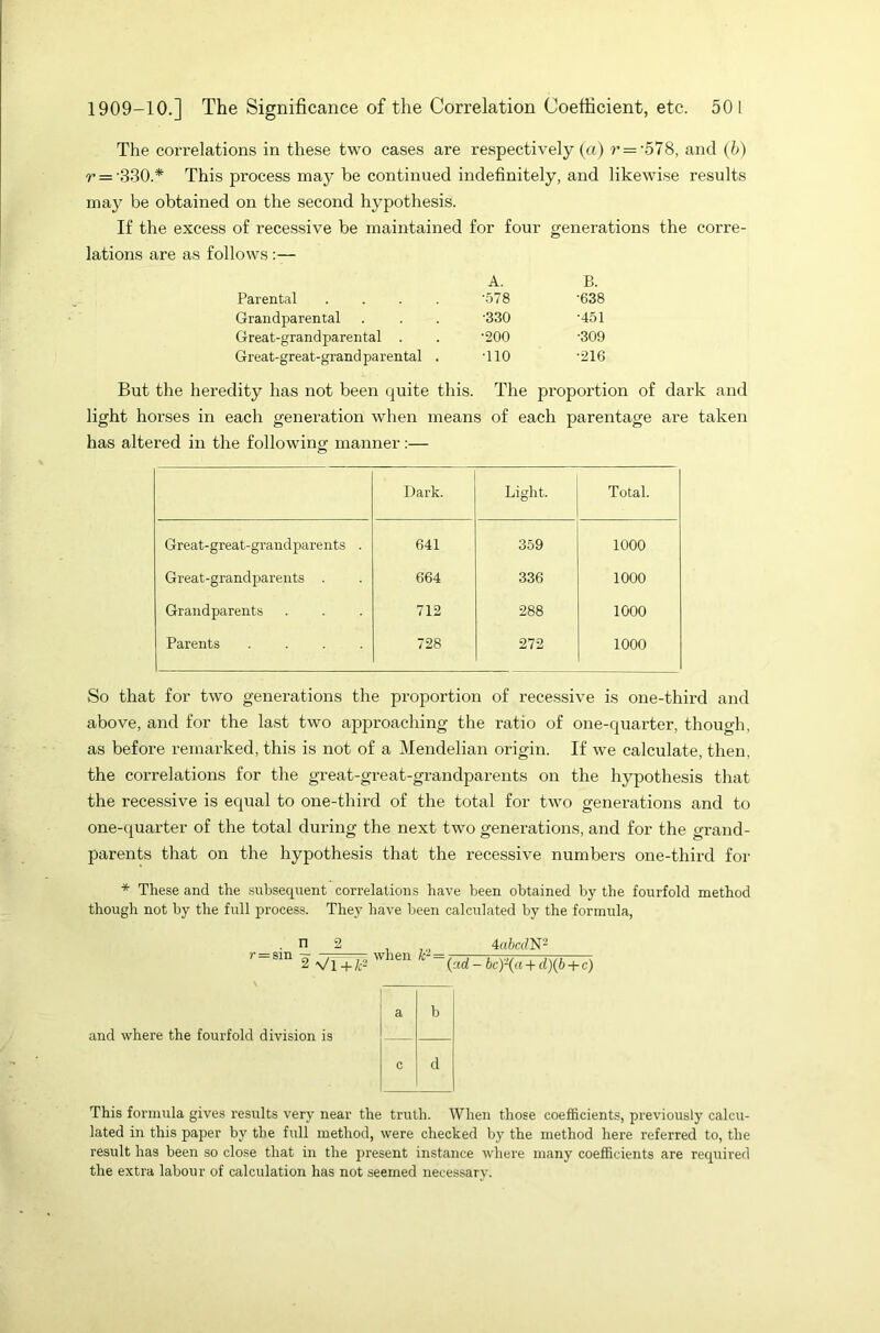 The correlations in these two cases are respectively (a) r = %578, and (b) r = -330.* This process may be continued indefinitely, and likewise results may be obtained on the second hypothesis. If the excess of recessive be maintained for four generations the corre- lations are as follows :— A. B. Parental .... •578 •638 Grandparental •330 •451 Great-grandparental . ■200 •309 Great-great-grand parental . •no •216 But the heredity has not been quite this. The proportion of dark and light horses in each generation when means of each parentage are taken has altered in the following manner:— Dark. Light. Total. Great-great-grandparents . 641 359 1000 Great-grandparents . 664 336 1000 Grandparents 712 288 1000 Parents .... 728 272 1000 So that for two generations the proportion of recessive is one-third and above, and for the last two approaching the ratio of one-quarter, though, as before remarked, this is not of a Mendelian origin. If we calculate, then, the correlations for the great-great-grandparents on the hypothesis that the recessive is equal to one-third of the total for two generations and to one-quarter of the total during the next two generations, and for the grand- parents that on the hypothesis that the recessive numbers one-third for * These and the subsequent correlations have been obtained by the fourfold method though not by the full process. They have been calculated by the formula, n 2 4a6cdN2 2 Vl+F Wh6n k = (ad- bc)-(a + d)(b + c) and where the fourfold division is This formula gives results very near the truth. When those coefficients, previously calcu- lated in this paper by the full method, were checked by the method here referred to, the result has been so close that in the present instance where many coefficients are required the extra labour of calculation has not seemed necessary.