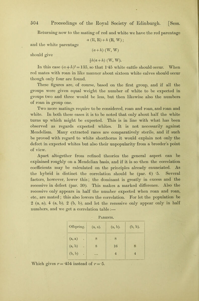 Returning now to the mating’ of red and white we have the red parentage a (R, R) + A (R, W); and the white parentage (a + h) (W, W) should give hh{a + h) (W, W). In this case (<% + A)2 = 135, so that l-45 white cattle should occur. When red mates with roan in like manner about sixteen white calves should occur though only four are found. These figures are, of course, based on the first group, and if all the groups were given equal weight the number of white to be expected in groups two and three would be less, but then likewise also the numbers of roan in group one. Two more matings require to be considered, roan and roan, and roan and white. In both these cases it is to be noted that only about half the white turns up which might be expected. This is in line with what has been observed as regards expected whites. It is not necessarily against Mendelism. Many extracted races are comparatively sterile, and if such be proved with regard to white shorthorns it would explain not only the defect in expected whites but also their unpopularity from a breeder’s point of view. Apart altogether from refined theories the general aspect can be explained roughly on a Mendelian basis, and if it is so then the correlation coefficients may be calculated on the principles already enunciated. As the hybrid is distinct the correlation should be (par. 6) ‘5. Several factors, however, lower this; the dominant is greatly in excess and the recessive in defect (par. 30). This makes a marked difference. Also the recessive only appears in half the number expected when I'oan and roan, etc., are mated; this also lowers the correlation. For let the population be 2 (a, a), 4 (a, b), 2 (b, b), and let the recessive only appear only in half numbers, and we get a correlation table:— Parents. Offspring. (a, a). (a, b). (b, b). (a, a) . 8 8 (a, b) . 8 16 8 (b, b) . 4 4 Which gives r = ’454 instead of r = '5.