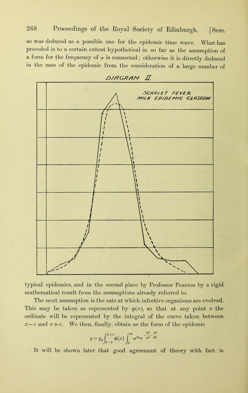as was deduced as a possible one for the epidemic time wave. What has preceded is to a certain extent hypothetical in so far as the assumption of a form for the frequency of o- is connected ; otherwise it is directly deduced in the case of the epidemic from the consideration of a large number of typical epidemics, and in the second place by Professor Pearson by a rigid mathematical result from the assumptions already referred to. The next assumption is the rate at which infective organisms are evolved. This may be taken as represented by so that at any point x the ordinate will be represented by the integral of the curve taken between x — c and x + c. We then, finally, obtain as the form of the epidemic fx+c /•” y=yo\ Jo It will be shown later that good agreement of theory with fact is
