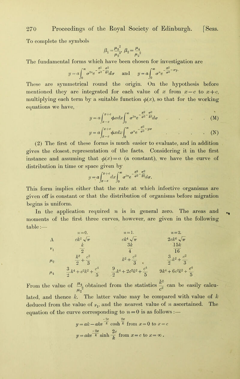 To complete the symbols Q Q — /^4 The fundamental forms which have been chosen for investigation are /•=<= y = a\ a--'‘e and y - (if o-e Jn Jo These are symmetrical round the origin. On the hypothesis before mentioned they are integrated for each value of x from x — c to x + c, multiplying each term by a suitable function <p(x), so that for the working equations we have, fx+c y = a (j>xdx I o-^“e ‘‘^do Jx-c Jo fx+c -^^-ya- t/ = a (jixdx I a-e jx-c Jo (M) (N) (2) The first of these forms is much easier to evaluate, and in addition gives the closest, representation of the facts. Considering it in the first instance and assuming that (p{x) = a (a constant), we have the curve of distribution in time or space given by fx+c /-«> y = af dxi cr-”e ■•^da-. ' Jx-c Jo This form implies either that the rate at which infective organisms are given off is constant or that the distribution of organisms before migration begins is uniform. o In the application required n is in general zero. The areas and moments of the first three curves, however, are given in the following table;— n = 0. 71= 1. 11=2. A ck’’ ijir ck“^ v/7T 2ckP sJtt Ic 3k Ibk *'i 2 I 16 y-2 k^ c2 2 3 /r2 + ^ 3 ,, c2 k-i 2 5 Q ..4 -A/r4+2c2/.;2 + ^ 2 5 sic* + 6cV + From the value of ^ obtained from the statistics can be easily calcu- lated, and thence k. The latter value may be compared with value of k deduced from the value of i/^^, and the nearest value of n ascertained. The equation of the curve corresponding to = 0 is as follows :— - 2c 2x y = ak — ake cosh * from x = 0 to x = c - 2* 2c Ic y = ake * sink — from a; = c to z' = co