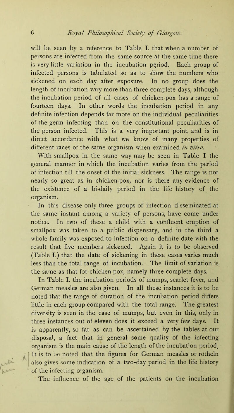 will be seen by a reference to Table I. that when a number of persons are infected from the same source at the same time there is very little variation in the incubation period. Each group of infected persons is tabulated so as to show the numbers who sickened on each day after exposure. In no group does the length of incubation vary more than three complete days, although the incubation period of all cases of chicken pox has a range of fourteen days. In other words the incubation period in any definite infection depends far more on the individual peculiarities of the germ infecting than on the constitutional peculiarities of the person infected. This is a very important point, and is in direct accordance with what we know of many properties of different races of the same organism when examined in vitro. With smallpox in the same way may be seen in Table I the general manner in which the incubation varies from the period of infection till the onset of the initial sickness. The range is not nearly so great as in chicken-pox, nor is there any evidence of the existence of a bi-daily period in the life history of the organism. In this disease only three groups of infection disseminated at the same instant among a variety of persons, have come under notice. In two of these a child with a confluent eruption of smallpox was taken to a public dispensary, and in the third a whole family was exposed to infection on a definite date with the result that five members sickened. Again it is to be observed (Table I.) that the date of sickening in these cases varies much less than the total range of incubation. The limit of variation is the same as that for chicken-pox, namely three complete days. In Table I. the incubation periods of mumps, scarlet fever, and German measles are also given. In all these instances it is to be noted that the range of duration of the incubation period differs little in each group compared with the total range. The greatest diversity is seen in the case of mumps, but even in this, only in three instances out of eleven does it exceed a very few days. It is apparently, so far as can be ascertained by the tables at our disposal, a fact that in general some quality of the infecting organism is the main cause of the length of the incubation period. It is to be noted that the figures for German measles or rotheln also gives some indication of a two-day period in the life history of the infecting organism. The influence of the age of the patients on the incubation