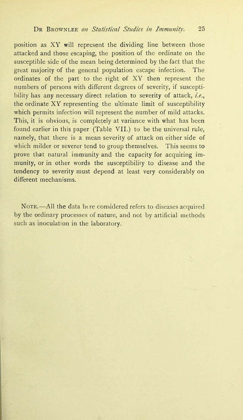 position as XY will represent the dividing line between those attacked and those escaping, the position of the ordinate on the susceptible side of the mean being determined by the fact that the great majority of the general population escape infection. The ordinates of the part to the right of XY then represent the numbers of persons with different degrees of severity, if suscepti- bility has any necessary direct relation to severity of attack, i.e., the ordinate XY representing the ultimate limit of susceptibility which permits infection will represent the number of mild attacks. This, it is obvious, is completely at variance with what has been found earlier in this paper (Table VII.) to be the universal rule, namely, that there is a mean severity of attack on either side of which milder or severer tend to group themselves. This seems to prove that natural immunity and the capacity for acquiring im- munity, or in other words the susceptibility to disease and the tendency to severity must depend at least very considerably on different mechanisms. Note.—All the data litre considered refers to diseases acquired by the ordinary processes of nature, and not by artificial methods such as inoculation in the laboratory.