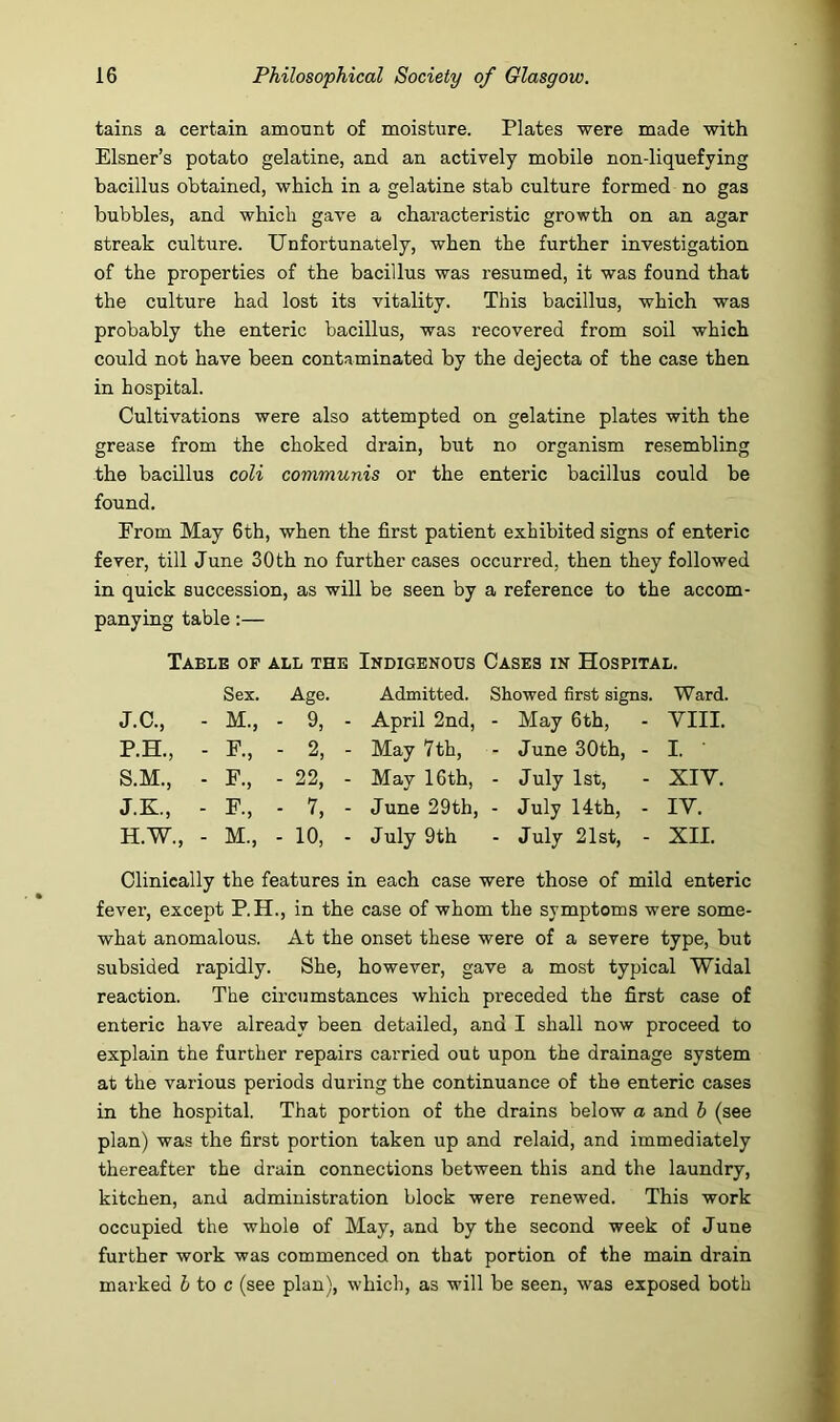 tains a certain amount of moisture. Plates were made with Eisner’s potato gelatine, and an actively mobile non-liquefying bacillus obtained, which in a gelatine stab culture formed no gas bubbles, and which gave a characteristic growth on an agar streak culture. Unfortunately, when the further investigation of the properties of the bacillus was resumed, it was found that the culture had lost its vitality. This bacillus, which was probably the enteric bacillus, was recovered from soil which could not have been contaminated by the dejecta of the case then in hospital. Cultivations were also attempted on gelatine plates with the grease from the choked drain, but no organism resembling the bacillus coli communis or the enteric bacillus could be found. From May 6th, when the first patient exhibited signs of enteric fever, till June 30th no further cases occurred, then they followed in quick succession, as will be seen by a reference to the accom- panying table:— Table of all the Indigenous Oases in Hospital. Sex. Age. Admitted. Showed first signs. Ward. J.C., - M., - 9, - April 2nd, - May 6th, - VIII. P.H., - F., - 2, - May 7th, - June 30th, - I. S.M., - F., - 22, - May 16 th, - July 1st, - XIV. J.K., - F., - 7, - June 29th, - July Uth, - IV. H.W., - M., - 10, - July 9th - July 21st, - XII. Clinically the features in each case were those of mild enteric fever, except P.H., in the case of whom the symptoms were some- what anomalous. At the onset these were of a severe type, but subsided rapidly. She, however, gave a most typical Widal reaction. The circumstances which preceded the first case of enteric have already been detailed, and I shall now proceed to explain the further repairs carried out upon the drainage system at the various periods during the continuance of the enteric cases in the hospital. That portion of the drains below a and h (see plan) was the first portion taken up and relaid, and immediately thereafter the drain connections between this and the laundry, kitchen, and administration block were renewed. This work occupied the whole of May, and by the second week of June further work was commenced on that portion of the main drain marked 6 to c (see plan), which, as will be seen, was exposed both