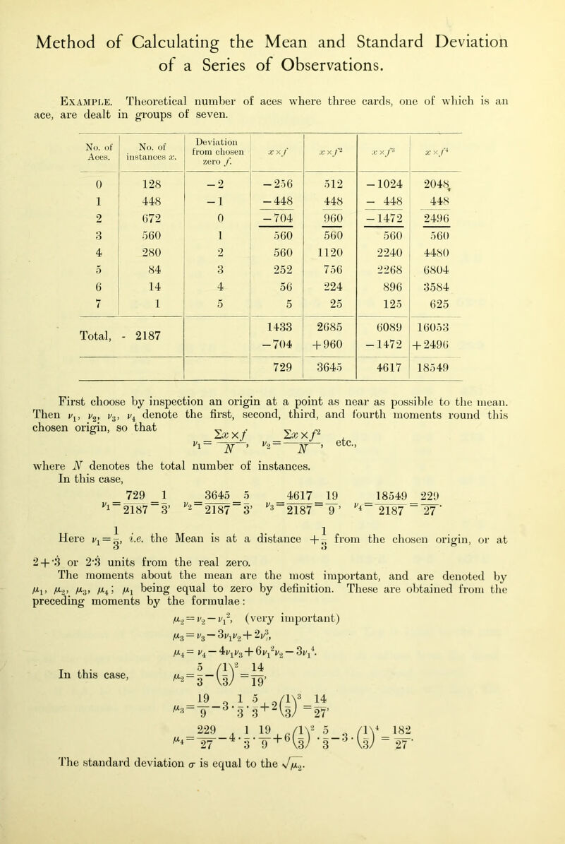 Method of Calculating the Mean and Standard Deviation of a Series of Observations. Example. Theoretical number of aces where three cards, one of wliich is an ace, are dealt in groups of seven. No. of Aoe.s. No. of instances x. Deviation from chosen zero /. X xf X x f^ X xP X X P 0 128 _2 -256 512 -1024 2048;^ 1 448 -1 -448 448 — 448 448 2 672 0 -704 960 -1472 2496 3 560 1 560 560 560 560 4 280 2 560 1120 2240 4480 5 84 3 252 756 2268 6804 6 14 4 56 224 896 3584 7 1 5 5 25 125 625 Total, - 2187 1433 -704 2685 + 960 6089 -1472 160.53 + 2496 729 3645 4617 18549 First choose by inspection an origin at a point as near as possible to the mean. denote the first, second, third, and fourth moments round tliis Then chosen origin, so that 'Lx xf '' Lx X P '' N etc.. where N denotes the total number of instances. In this case, = 729 2187' = o. V., = 3645 2187 ^ = v.= 4617 2187' 19 ' 9 ’ 18549_ ^ 2187 ~W Here Mean is at a distance from the chosen origin, or at 2 +‘3 or 2'3 units from the real zero. The moments about the mean are the most important, and are denoted by /x-2, ^3, being equal to zero by definition. These are obtained from the preceding moments by the formulae: — — (very important) M4 = — 3j/j't _5_/lV^_U “3 W ~19’ In this case. 19 229 1 5 3'3' +2(dy=i4 ^ \3/ 27’ 1 19 'I’he standard deviation cr is equal to the sj/ul.^.