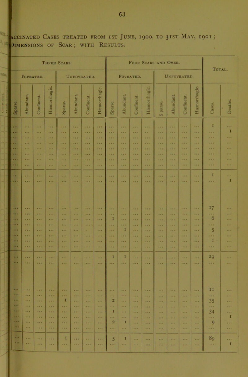iccinated Cases treated from ist June, 1900. to 31ST May, 1901 ; )lMENSIONS OF SCAR ; WITH RESULTS. ■Una. Three Scars. Foveathd. <1 a cn 3 -a C o CJ 6 £ a x Unfoveated. c CJ c 3 .3 fc O £ | Four Scars and Over. rt a Fovkated. a •3 c 9 < U Q B x Unfoveated. a C/3 c cl *9 C 3 33 O CJ fcfl c: E W X Total. 1 u l7 6 5 1 29 Deaths.
