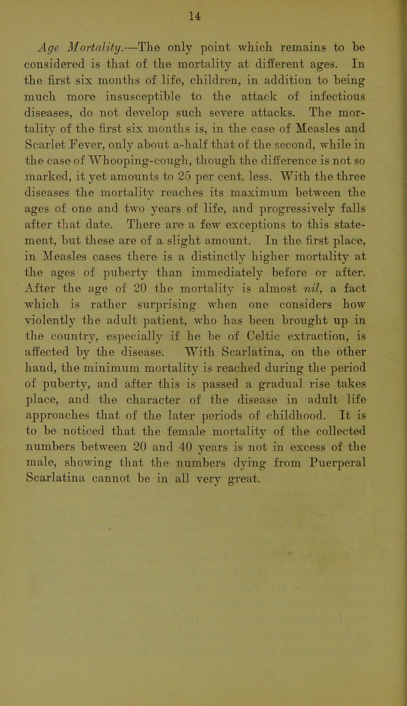 Aqe Mortality.—The only point which remains to be considered is that of the mortality at different ages. In the first six months of life, children, in addition to being much more insusceptible to the attack of infectious diseases, do not develop such severe attacks. The mor- tality of the first six months is, in the case of Measles and Scarlet Fever, only about a-half that of the second, while in the case of Whooping-cough, though the difference is not so marked, it yet amounts to 25 per cent. less. With the three diseases the mortality reaches its maximum between the ages of one and two years of life, and progressively falls after that date. There are a few exceptions to this state- ment, but these are of a slight amount. In the first place, in Measles cases there is a distinctly higher mortality at the ages of puberty than immediately before or after. After the age of 20 the mortality is almost nil, a fact which is rather surprising when one considers how violently the adult patient, who has been brought up in the country, especially if he be of Celtic extraction, is affected by the disease. With Scarlatina, on the other hand, the minimum mortality is reached during the period of puberty, and after this is passed a gradual rise takes place, and the character of the disease in adult life approaches that of the later periods of childhood. It is to be noticed that the female mortality of the collected numbers between 20 and 40 years is not in excess of the male, showing that the numbers dying from Puerperal Scarlatina cannot be in all very great.