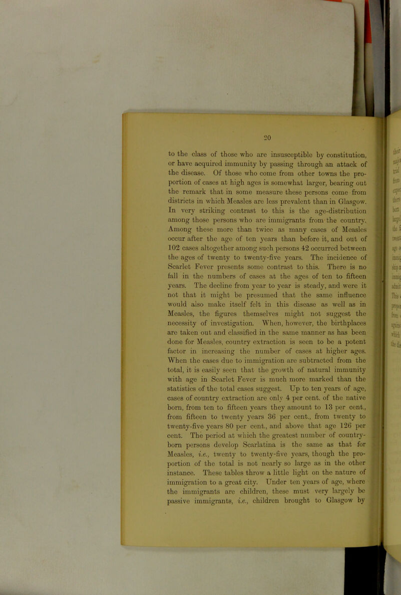 to the class of those who are insusceptible by constitution, or have acquired immunity by passing through an attack of the disease. Of those who come from other towns the pro- portion of cases at high ages is somewhat larger, bearing out the remark that in some measure these persons come from districts in which Measles are less prevalent than in Glasgow. In very striking contrast to this is the age-distribution among those persons who are immigrants from the country. Among these more than twice as many cases of Measles occur after the age of ten years than before it, and out of 102 cases altogether among such persons 42 occurred between the ages of twenty to twenty-five years. The incidence of Scarlet Fever presents some contrast to this. There is no fall in the numbers of cases at the ages of ten to fifteen years. The decline from year to year is steady, and were it not that it might be presumed that the same influence would also make itself felt in this disease as well as in Measles, the figures themselves might not suggest the necessity of investigation. When, however, the birthplaces are taken out and classified in the same manner as has been done for Measles, country extraction is seen to be a potent factor in increasing the number of cases at higher ages. When the cases due to immigration are subtracted from the total, it is easily seen that the growth of natural immunity with age in Scarlet Fever is much more marked than the statistics of the total cases suggest. Up to ten years of age, cases of country extraction are only 4 per cent, of the native born, from ten to fifteen years they amount to 13 per cent., from fifteen to twenty years 36 per cent., from twenty to twenty-five years 80 per cent., and above that age 126 per cent. The period at which the greatest number of country- born persons develop Scarlatina is the same as that for Measles, i.e., twenty to twenty-five years, though the pro- portion of the total is not nearly so large as in the other instance. These tables throw a little light on the nature of immigration to a great city. Under ten years of age, where the immigrants are children, these must very largely be passive immigrants, i.e., children brought to Glasgow by