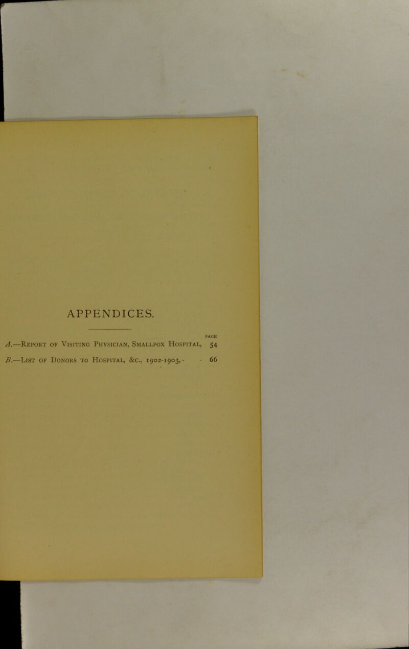 APPENDICES. y1.—Report of Visiting Physician, Smallpox Hospital, B.—List of Donors to Hospital, &c., 1902-1903,- PACE 54 66