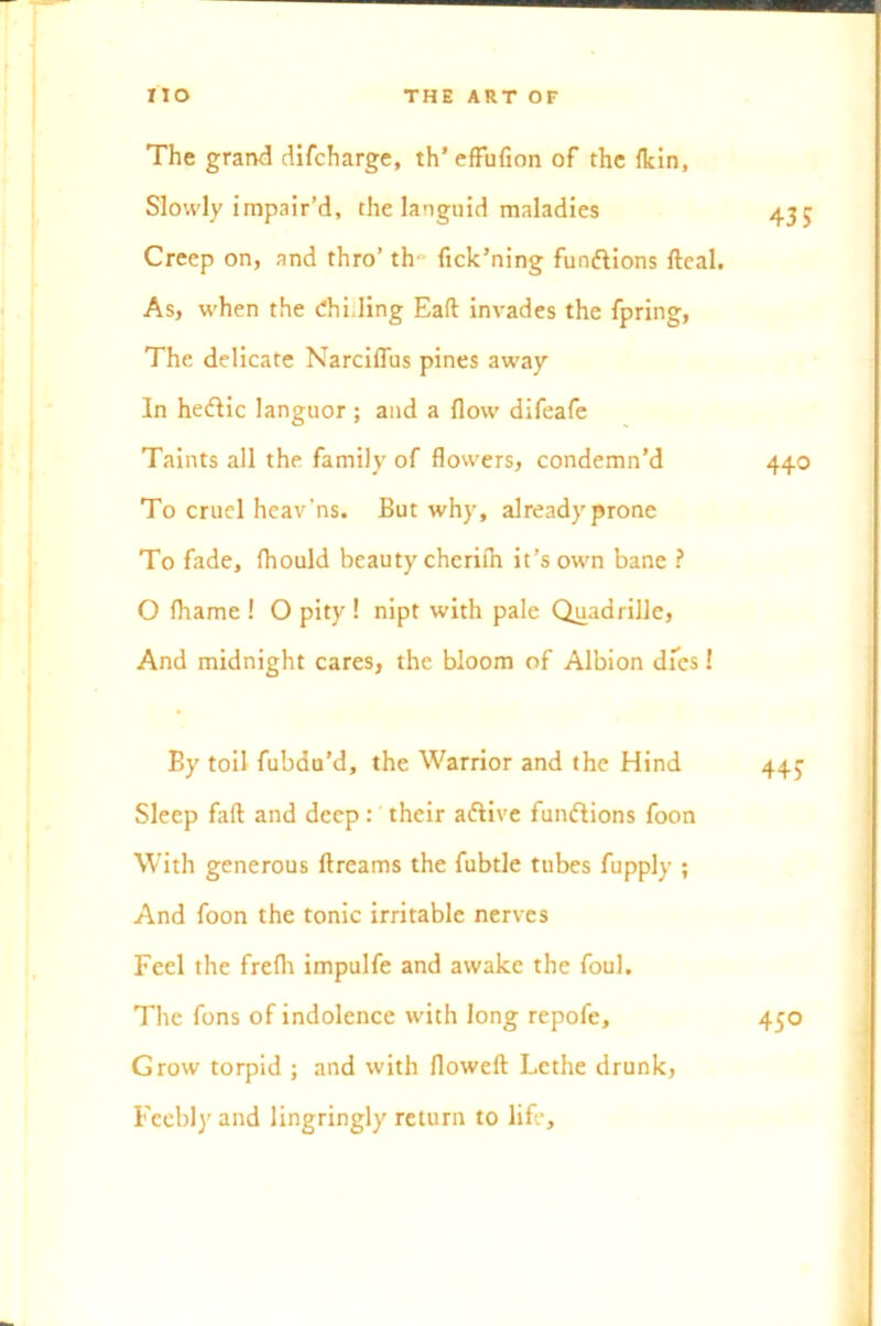 The grand difcharge, th’effufion of the fkin. Slowly impair’d, the languid maladies 433 Creep on, and thro’ th° fick’ning functions fteal. As, when the Chiding Eaft invades the fpring, The delicate Narciffus pines away In heflic languor; and a flow difeafe Taints all the family of flowers, condemn’d 440 To cruel heav'ns. But why, already prone To fade, fliould beauty cherifh it’s own bane ? O fhame ! O pity ! nipt with pale Quadrille, And midnight cares, the bloom of Albion dies 1 By toil fubdu’d, the Warrior and the Hind 44J Sleep faft and deep: their aftive fun&ions foon With generous ftreams the fubtle tubes fupply ; And foon the tonic irritable nerves Feel the frefli impulfe and awake the foul. The fons of indolence with long repofe, 450 Grow torpid ; and with floweft Lethe drunk, Feebly and lingringly return to life.