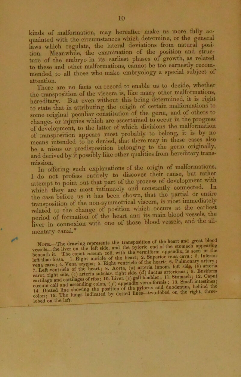 kinds of malformation, may hereafter make us more fully ac- quainted with the circumstances Avhich determine, or the general laws which regulate, the lateral deviations from natural posi- tion. Meanwhile, the examination of the position and struc- ture of the embryo in its earliest phases of growth, as related to these and other maltormations, cannot be too earnestly recom- mended to all those who make embryology a special subject of attention. i i it. There are no facts on record to enable us to decide, whether the transposition of the viscera is, like many other malformations, hereditary. But even without this being determined, it is right to state that in attributing the origin ol certain malformations to some original peculiar constitution of the germ, and of others to changes or injuries which are ascertained to occur in the progress of development, to the latter of which divisions the mallbrmation of transposition appears most probably to belong, it is by no means intended to be denied, that there may in these cases tdso be a nisus or predisposition belonging to the gemi ongmally, and derived by it possibly like other qualities from hereditaiy trans- mission. . . ^ ir In offering such explanations of the origin of malformations, I do not profess entnely to discover their cause, but rather attempt to point out that part of the process of development with which they are most intimately and constantly connected. In the case before us it has been shown, that the partial or entire transposition of the non-symmetrical viscera, is most u^ediately related to the change of position which occurs at the earhest period of formation of the heart and its mam blood vessefr, the fiver in connexion with one of those blood vessels, and the ali- mentary canal.* ■NTotk The drawine represents the transposition of the heart and ^eat blood ves^^TJie Uver oT the left side, and the pyloric end of the «PPeamR beneath it. The caput coecum coli, with the vermiform appendix, is Ipft iliac fossa 1 Kiaht auricle of the heart; 2. Superior vena^va, 3. lienor colon; 15. The lungs indicated by dotted lines—two-lobed on the rig , lobed on the left.