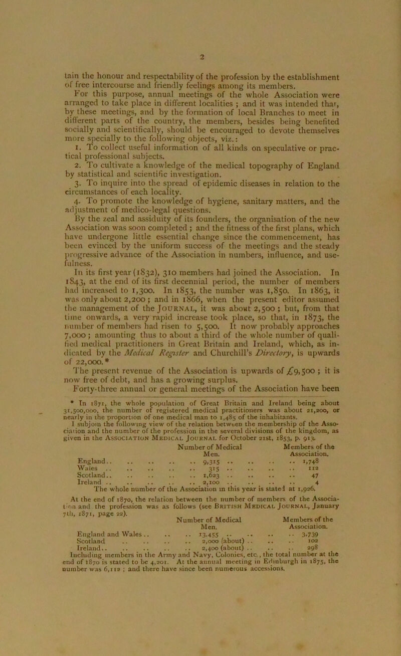 tain the honour and respectability of the profession by the establishment of free intercourse and friendly feelings among its members. For this purpose, annual meetings of the whole Association were arranged to take place in different localities ; and it was intended that, by these meetings, and by the formation of local Branches to meet in different parts of the country, the members, besides being benefited socially and scientifically, should be encouraged to devote themselves more specially to the following objects, viz.: 1. To collect useful information of all kinds on speculative or prac- tical professional subjects. 2. To cultivate a knowledge of the medical topography of England by statistical and scientific investigation. 3. To inquire into the spread of epidemic diseases in relation to the circumstances of each locality. 4. To promote the knowledge of hygiene, sanitary matters, and the adjustment of medico-legal questions. By the zeal and assiduity of its founders, the organisation of the new Association was soon completed ; and the fitness of the first plans, which have undergone little essential change since the commencement, has been evinced by the uniform success of the meetings and the steady progressive advance of the Association in numbers, influence, and use- fulness. In its first year (1832), 310 members had joined the Association. In 1843, at the end of its first decennial period, the number of members had increased to 1,300. In 1853, the number was 1,850. In 1863, it was only about 2,200 ; and in 1866, when the present editor assumed the management of the Journal, it was about 2,500 ; but, from that time onwards, a very rapid increase took place, so that, in 1873, the number of members had risen to 5,500. It now probably approaches 7,OCX); amounting thus to about a third of the whole number of quali- fied medical practitioners in Great Britain and Ireland, which, as in- dicated by the Medical Register and Churchill’s Directory, is upwards of 22,000.* The present revenue of the Association is upwards of £9,500 ; it is now free of debt, and has a growing surplus. Forty-three annual or general meetings of the Association have been * In 187:, the whole population of Great Britain and Ireland being about 3t,500,000. the number of registered medical practitioners was about 21,200, or nearly in the proportion of one medical man to 1,485 of the inhabitants. I subjoin the following view of the relation between the membership of the Asso- ciation and the number of the profession in the several divisions of the kingdom, as given in the Association Medical Journal for October 21st, 1853, p. 913. Number of Medical Members of the Men. Association. England 9,315 1,748 Wales 315 its Scotland 1,623 47 Ireland 2,100 4 The whole number of the Association in this year is state! at 1,926. At the end of 1870, the relation between the number of members of the Associa- tion and the profession was as follows (see British Medical Journal, January 7 lb, 1871, page 22). Number of Medical Members of the Men. Association. England and Wales »3.4S5 3-739 Scotland 2,000 (about) 102 Ireland 2,400 (about) 298 Including members in the Army and Navy, Colonies, etc , the total number at the end of 1870 is stated to be 4,201. At the annual meeting in Edinburgh in 1875, the number was 6,1x2 ; and there have since been numerous accessions.