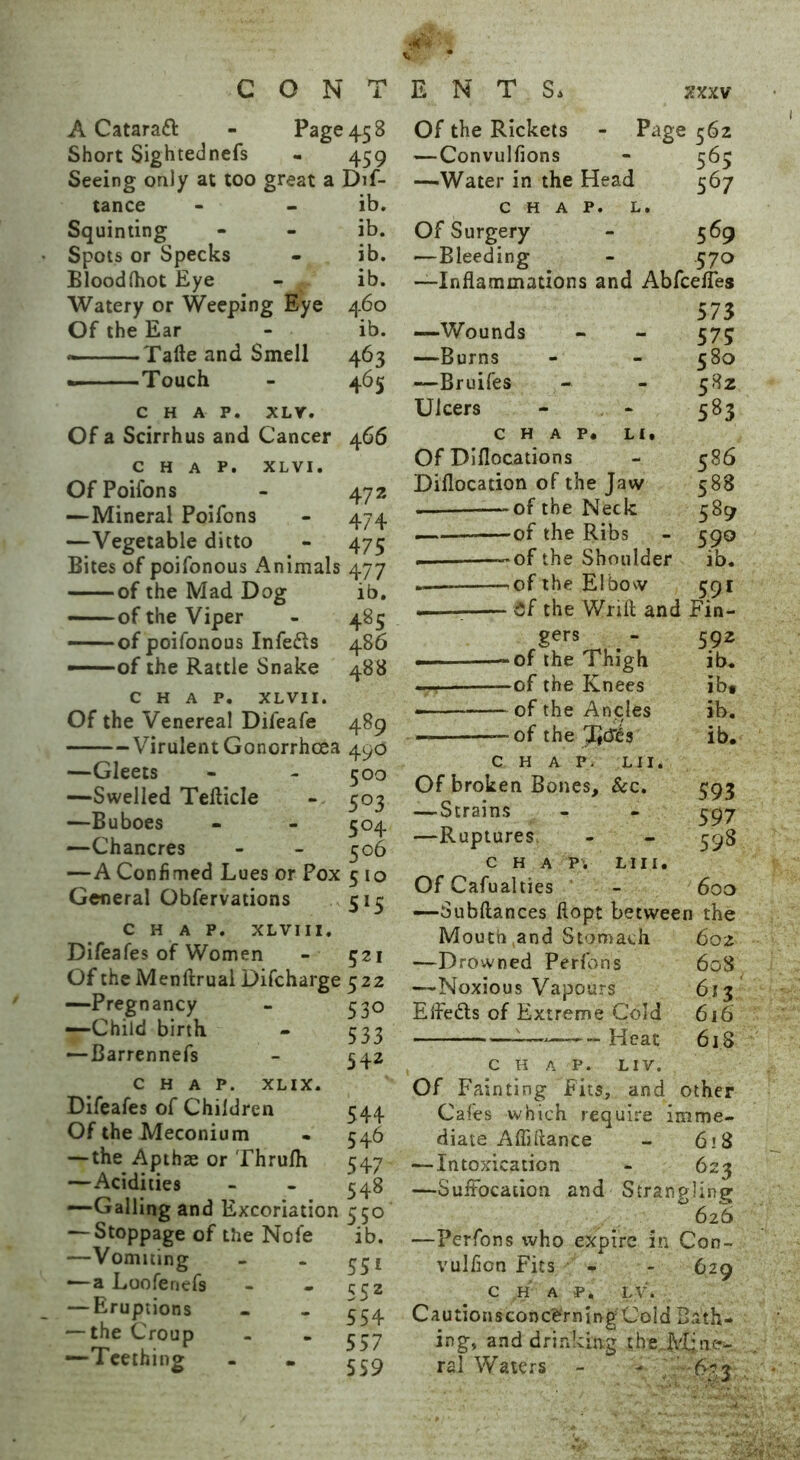 G O N T ENTS, A Cataratt - Page 45 8 Short Sightednefs - 459 Seeing only at too great a Dis- tance - - ib. Squinting - - ib. Spots or Specks - ib. Blood (hot Eye - . ib. Watery or Weeping Eye 460 Of the Ear - ib. Tafte and Smell 463 * Touch - 465 CHAP. XLY. Of a Scirrhus and Cancer 466 CHAP. XL vi. OfPoifons - 472 —Mineral Poifons - 474 —Vegetable ditto - 475 Bites of poifonous Animals 477 of the Mad Dog ib. —of the Viper - 485 ——of poifonous Infe&s 486 —■ of the Rattle Snake 488 CHAP. XLVII. Of the Venereal Difeafe 489 Virulent Gonorrhoea 490 —Gleets - - 500 —Swelled Teflicle - 503 —Buboes - - 504 —Chancres - - 506 —A Confimed Lues or Pox 5 io General Obfervations 515 CHAP. XL VI11. Difeafes of Women - 521 Of theMenftrual Discharge 522 —Pregnancy - 530 —Child birth - 533 — Barrennefs - 342 CHAP. XL IX. Difeafes of Children 544 Of the Meconium - 546 —the Apthae or Thrulh 547 —Acidities - - 548 —Galling and Excoriation 350 — Stoppage of the Nofe ib. —Vomiting - - 331 — a Loofenefs - - ^ ^ 2 — Eruptions - - 354 — the Croup - - 3-7 —Teething - . 339 Of the Rickets - Page 562 — Convulfions - 565 —Water in the Head 567 CHAP. L. Of Surgery - 569 •—Bleeding - 570 —Inflammations and Abfcefles —Wounds - - 575 —Burns - - 580 —Bruifes - - 582 Ulcers - * 583 CHAP* LI. Of Diflocations - 586 Diflocation of the Jaw 588 . —of the Neck 589 — of the Ribs - 590 . —of the Shoulder ib. «— of the Elbow 591 . df the Wrift and Fin- gers - 592 ————of the Thigh ib. — of the Knees ib* — of the Ancles ib. —• of the ib* CHAP. LII. Of broken Bones, &c. 593 — Strains - - 397 —Ruptures - - 398 CHAP. LIII. Of Cafualties - 600 —Subftances flopt between the Mouth and Stomach 602 —Drowned Perfons 608 —Noxious Vapours 613 Effe&s of Extreme Cold 616 :—~ Heat 618 C H A P. LIV. Of Fainting Fits, and. other Cafes which require imme- diate Afliflance - 618 — Intoxication - 623 —Suffocation and Strangling 626 —Perfons who expire in Con- vulficn Fits - - 629 C H A P. LV. Cautions concerning'Cold Bath- ing, and drinking the.Mine- ral Waters - - 673