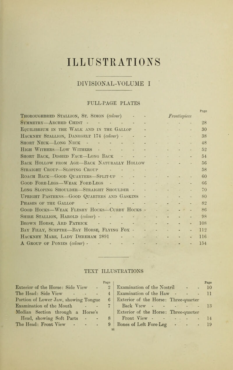 ILLUSTRATIONS DIVISIONAL-VOLUME I FULL-PAGE PLATES Page Thoroughbred Stallion, St. Simon (colour) - - Frontispiece Symmetry—Arched Chest 28 Equilibrium in the Walk and in the Gallop - 30 Hackney Stallion, Danegelt 174 (colour) ... 38 Short Neck—Long Neck 48 High Withers—Low Withers ----- - - - 52 Short Back, Dished Face—Long Back - 54 Back Hollow from Age—Back Naturally Hollow 56 Straight Croup—Sloping Croup - 58 Roach Back—Good Quarters—Split-up 60 Good Fore-Legs—Weak Fore-Legs 66 Long Sloping Shoulder—Straight Shoulder 70 Upright Pasterns—Good Quarters and Gaskins - - - 80 Phases of the Gallop 82 Good Hocks—Weak Fleshy Hocks—Curby Hocks 86 Shire Stallion, Harold (colour) 98 Brown Horse, Ard Patrick - - - - - - - 108 Bay Filly, Sceptre—Bay Horse, Flying Fox 112 Hackney Mare, Lady Dereham 2891 - - - - - - 116 A Group of Ponies (colour) - - 154 TEXT ILLUSTRATIONS Page Exterior of the Horse: Side View - 2 The Head: Side View - - - 4 Portion of Lower Jaw, showing Tongue 6 Examination of the Mouth - - 7 Median Section through a Horse’s Head, showing Soft Parts - - 8 The Head: Front View 9 Page Examination of the Nostril - - 10 Examination of the Haw - - - 11 Exterior of the Horse: Three-quarter Back View 13 Exterior of the Horse: Three-quarter Front View - - - - - 14 Bones of Left Fore-Leg - - 19