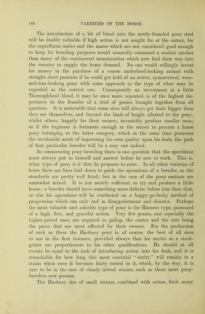 The introduction of a bit of blood into the newly-founded pony stud will be doubly valuable if high action is not sought for at the outset, for the superfluous males and the mares which are not considered good enough to keep for breeding purposes would assuredly command a readier market than many of the continental monstrosities which now find their way into the country to supply the home demand. No one would willingly invest his money in the purchase of a coarse underbred-looking animal with straight short pasterns if he could get hold of an active, symmetrical, wear- and-tear-looking pony with some approach to the type of what may be regarded as the correct one. Consequently an investment in a little Thoroughbred blood, it may be once more repeated, is of the highest im- portance to the founder of a stud of ponies brought together from all quarters. It is noticeable that some sires will always get foals bigger than they are themselves, and beyond the limit of height allotted to the pony, whilst others, happily for their owners, invariably produce smaller ones; so if the beginner is fortunate enough at the outset to procure a horse pony belonging to the latter category, which at the same time possesses the invaluable merit of impressing his own quality upon his foals, the path of that particular breeder will be a rosy one indeed. In commencing pony-breeding there is one question that the speculator must always put to himself and answer before he sets to work. This is, what type of pony is it that he proposes to raise. In all other varieties of horse there are lines laid down to guide the operations of a breeder, as the standards are pretty well fixed; but in the case of the pony matters are somewhat mixed. It is not merely sufficient to try and produce a little horse; a breeder should have something more definite before him than that, or else his operations will be conducted on a happy-go-lucky method of progression which can only end in disappointment and disaster. Perhaps the most valuable and saleable type of pony is the Harness type, possessed of a high, free, and graceful action. Very few ponies, and especially the higher-priced ones, are required to gallop, the canter and the trot being the paces that are most affected by their owners. For the production of such as these the Hackney pony is, of course, the best of all sires to use in the first instance, provided always that his merits as a stock- getter are proportionate to his other qualifications. He should at all events be equal to the task of introducing action into his foals, and it is remarkable for how long this most essential “entity” will remain in a strain when once it becomes fairly rooted in it, which, by the way, it is sure to be in the case of closely inbred strains, such as those most pony- breeders now possess. The Hackney sire of small stature, combined with action, finds many