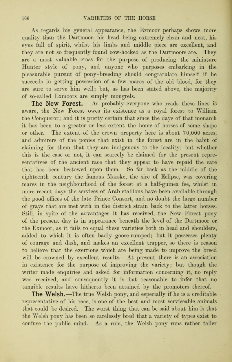 As regards his general appearance, the Exmoor perhaps shows more quality than the Dartmoor, his head being extremely clean and neat, his eyes full of spirit, whilst his limbs and middle piece are excellent, and they are not so frequently found cow-hocked as the Dartmoors are. They are a most valuable cross for the purpose of producing the miniature Hunter style of pony, and anyone who purposes embarking in the pleasurable pursuit of pony-breeding should congratulate himself if he succeeds in getting possession of a few mares of the old blood, for they are sure to serve him well; but, as has been stated above, the majority of so-called Exmoors are simply mongrels. The New Forest. — As probably everyone who reads these lines is aware, the New Forest owes its existence as a royal forest to William the Conqueror; and it is pretty certain that since the days of that monarch it has been to a greater or less extent the home of horses of some shape or other. The extent of the crown property here is about 70,000 acres, and admirers of the ponies that exist in the forest are in the habit of claiming for them that they are indigenous to the locality; but whether this is the case or not, it can scarcely be claimed for the present repre- sentatives of the ancient race that they appear to have repaid the care that has been bestowed upon them. So far back as the middle of the eighteenth century the famous Marske, the sire of Eclipse, was covering mares in the neighbourhood of the forest at a half-guinea fee, whilst in more recent days the services of Arab stallions have been available through the good offices of the late Prince Consort, and no doubt the large number of grays that are met with in the district strain back to the latter horses. Still, in spite of the advantages it has received, the New Forest pony of the present day is in appearance beneath the level of the Dartmoor or the Exmoor, as it fails to equal these varieties both in head and shoulders, added to which it is often badly goose-rumped; but it possesses plenty of courage and dash, and makes an excellent trapper, so there is reason to believe that the exertions which are being made to improve the breed will be crowned by excellent results. At present there is an association in existence for the purpose of improving the variety; but though the writer made enquiries and asked for information concerning it, no reply was received, and consequently it is but reasonable to infer that no tangible results have hitherto been attained by the promoters thereof. The Welsh.—The true Welsh pony, and especially if he is a creditable • representative of his race, is one of the best and most serviceable animals that could be desired. The worst thing that can be said about him is that the Welsh pony has been so carelessly bred that a variety of types exist to confuse the public mind. As a rule, the Welsh pony runs rather taller
