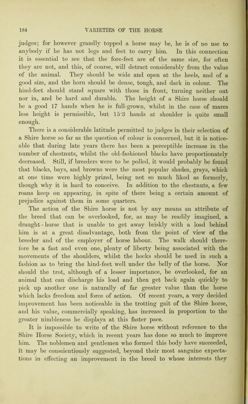 judges; for however grandly topped a horse may be, he is of no use to anybody if he has not legs and feet to carry him. In this connection it is essential to see that the fore-feet are of the same size, for often they are not, and this, of course, will detract considerably from the value of the animal. They should be wide and open at the heels, and of a good size, and the horn should be dense, tough, and dark in colour. The hind-feet should stand square with those in front, turning neither out nor in, and be hard and durable. The height of a Shire horse should be a good 17 hands when he is full-grown, whilst in the case of mares less height is permissible, but 15'3 hands at shoulder is quite small enough. There is a considerable latitude permitted to judges in their selection of a Shire horse so far as the question of colour is concerned, but it is notice- able that during late years there has been a perceptible increase in the number of chestnuts, whilst the old-fashioned blacks have proportionately decreased. Still, if breeders were to be polled, it would probably be found that blacks, bays, and browns were the most popular shades, grays, which at one time were highly prized, being not so much liked as formerly, though why it is hard to conceive. In addition to the chestnuts, a few roans keep on appearing, in spite of there being a certain amount of prejudice against them in some quarters. The action of the Shire horse is not by any means an attribute of the breed that can be overlooked, for, as may be readily imagined, a draught - horse that is unable to get away briskly with a load behind him is at a great disadvantage, both from the point of view of the breeder and of the employer of horse labour. The walk should there- fore be a fast and even one, plenty of liberty being associated with the movements of the shoulders, whilst the hocks should be used in such a fashion as to bring the hind-feet well under the belly of the horse. Nor should the trot, although of a lesser importance, be overlooked, for an animal that can discharge his load and then get back again quickly to pick up another one is naturally of far greater value than the horse which lacks freedom and force of action. Of recent years, a very decided improvement has been noticeable in the trotting gait of the Shire horse, and his value, commercially speaking, has increased in proportion to the greater nimbleness he displays at this faster pace. It is impossible to write of the Shire horse without reference to the Shire Horse Society, which in recent years has done so much to improve him. The noblemen and gentlemen who formed this body have succeeded, it may be conscientiously suggested, beyond their most sanguine expecta- tions in effecting an improvement in the breed to whose interests they