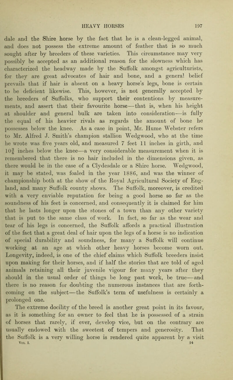 dale and the Shire horse by the fact that he is a clean-legged animal, and does not possess the extreme amount of feather that is so much sought after by breeders of these varieties. This circumstance may very possibly be accepted as an additional reason for the slowness which has characterized the headway made by the Suffolk amongst agriculturists, for they are great advocates of hair and bone, and a general belief prevails that if hair is absent on a heavy horse’s legs, bone is certain to be deficient likewise. This, however, is not generally accepted by the breeders of Suffolks, who support their contentions by measure- ments, and assert that their favourite horse—that is, when his height at shoulder and general bulk are taken into consideration—is fully the equal of his heavier rivals as regards the amount of bone he possesses below the knee. As a case in point, Mr. Hume Webster refers to Mr. Alfred J. Smith’s champion stallion Wedgwood, who at the time he wrote was five years old, and measured 7 feet 11 inches in girth, and lOf inches below the knee—a very considerable measurement when it is remembered that there is no hair included in the dimensions given, as there would be in the case of a Clydesdale or a Shire horse. Wedgwood, it may be stated, was foaled in the year 1886, and was the winner of championship both at the show of the Royal Agricultural Society of Eng- land, and many Suffolk county shows. The Suffolk, moreover, is credited with a very enviable reputation for being a good horse so far as the soundness of his feet is concerned, and consequently it is claimed for him that he lasts longer upon the stones of a town than any other variety that is put to the same class of work. In fact, so far as the wear and tear of his legs is concerned, the Suffolk affords a practical illustration of the fact that a great deal of hair upon the legs of a horse is no indication of special durability and soundness, for many a Suffolk will continue working at an age ar which other heavy horses become worn out. Longevity, indeed, is one of the chief claims which Suffolk breeders insist upon making for their horses, and if half the stories that are told of aged animals retaining all their juvenile vigour for many years after they should in the usual order of things be long past work, be true—and there is no reason for doubting the numerous instances that are forth- coming on the subject—the Suffolk’s term of usefulness is certainly a prolonged one. The extreme docility of the breed is another great point in its favour, as it is something for an owner to feel that he is possessed of a strain of horses that rarely, if ever, develop vice, but on the contrary are usually endowed with the sweetest of tempers and generosity. That the Suffolk is a very willing horse is rendered quite apparent by a visit VOL. I. 14
