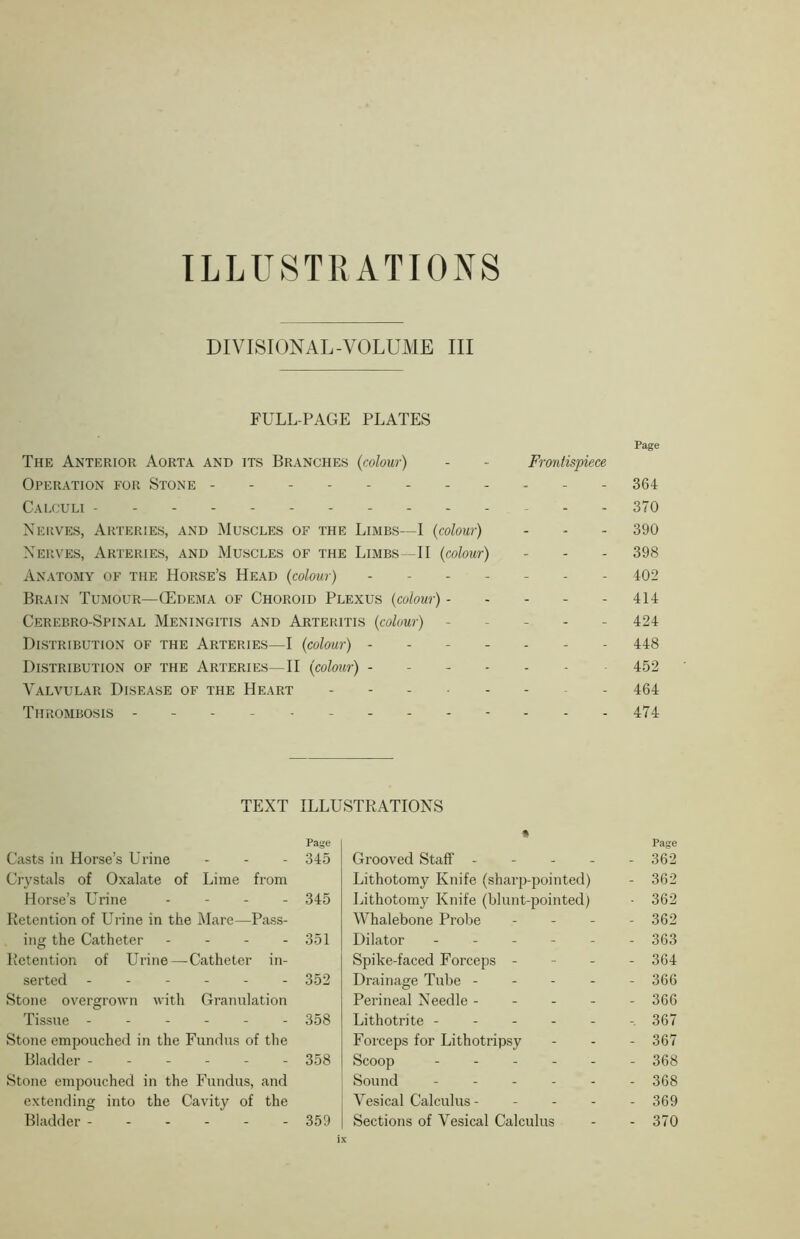 ILLUSTRATIONS DIVISIONAL-VOLUME III FULL-PAGE PLATES Page The Anterior Aorta and its Branches (colour) - - Frontispiece Operation for Stone 364 Calculi ----- 370 Nerves, Arteries, and Muscles of the Limbs—I (colour) - - - 390 Nerves, Arteries, and Muscles of the Limbs—II (colour) - - - 398 Anatomy of the Horse’s Head (colour) 402 Brain Tumour—CEdema of Choroid Plexus (colour) 414 Cerebro-Spinal Meningitis and Arteritis (colour) ----- 424 Distribution of the Arteries—I (colour) ------- 448 Distribution of the Arteries—II (colour) ------ 452 Valvular Disease of the Heart - 464 Thrombosis ------------- 474 TEXT ILLUSTRATIONS Page Casts in Horse’s Urine - - - 345 Crystals of Oxalate of Lime from Horse’s Urine - - - - 345 Retention of Urine in the Mare—Pass- ing the Catheter - 351 Retention of Urine—Catheter in- serted ------ 352 Stone overgrown with Granulation Tissue ------ 358 Stone empouched in the Fundus of the Bladder ------ 358 Stone empouched in the Fundus, and extending into the Cavity of the Bladder - - - - - -359 Grooved Staff - - - - - 362 Lithotomy Knife (sharp-pointed) - 362 Lithotomy Knife (blunt-pointed) - 362 Whalebone Probe - 362 Dilator ------ 363 Spike-faced Forceps - 364 Drainage Tube ----- 366 Perineal Needle ----- 366 Lithotrite ------ 367 Forceps for Lithotripsy - - - 367 Scoop ------ 368 Sound 368 Vesical Calculus - - 369 Sections of Vesical Calculus - - 370