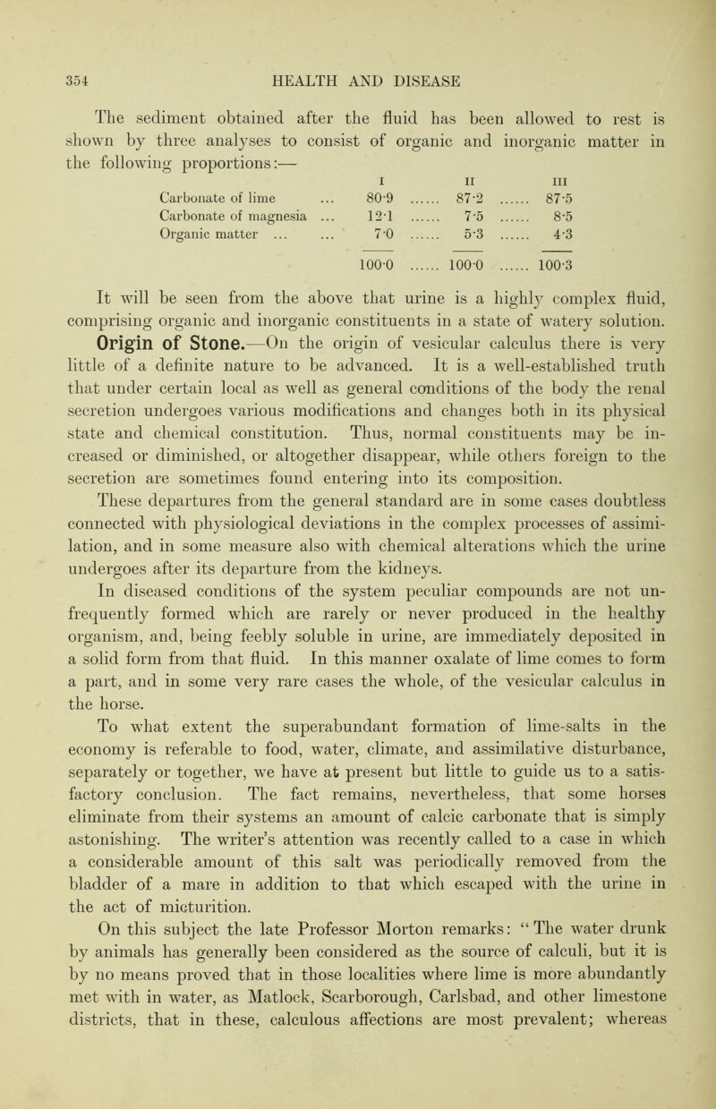 The sediment obtained after the fluid has been allowed to rest is shown by three analyses to consist of organic and inorganic matter in the following proportions:— i ii iii Carbonate of lime ... 80‘9 87-2 87’5 Carbonate of magnesia ... 12T 7 5 8-5 Organic matter ... ... 7’0 5‘3 43 100-0 1000 100-3 It will be seen from the above that urine is a highly complex fluid, comprising organic and inorganic constituents in a state of watery solution. Origin Of Stone.—On the origin of vesicular calculus there is very little of a definite nature to be advanced. It is a well-established truth that under certain local as well as general conditions of the body the renal secretion undergoes various modifications and changes both in its physical state and chemical constitution. Thus, normal constituents may be in- creased or diminished, or altogether disappear, while others foreign to the secretion are sometimes found entering into its composition. These departures from the general standard are in some cases doubtless connected with physiological deviations in the complex processes of assimi- lation, and in some measure also with chemical alterations which the urine undergoes after its departure from the kidneys. In diseased conditions of the system peculiar compounds are not un- frequently formed which are rarely or never produced in the healthy organism, and, being feebly soluble in urine, are immediately deposited in a solid form from that fluid. In this manner oxalate of lime comes to form a part, and in some very rare cases the whole, of the vesicular calculus in the horse. To what extent the superabundant formation of lime-salts in the economy is referable to food, water, climate, and assimilative disturbance, separately or together, we have at present but little to guide us to a satis- factory conclusion. The fact remains, nevertheless, that some horses eliminate from their systems an amount of calcic carbonate that is simply astonishing. The writer’s attention was recently called to a case in which a considerable amount of this salt was periodically removed from the bladder of a mare in addition to that which escaped with the urine in the act of micturition. On this subject the late Professor Morton remarks: “The water drunk by animals has generally been considered as the source of calculi, but it is by no means proved that in those localities where lime is more abundantly met with in water, as Matlock, Scarborough, Carlsbad, and other limestone districts, that in these, calculous affections are most prevalent; whereas