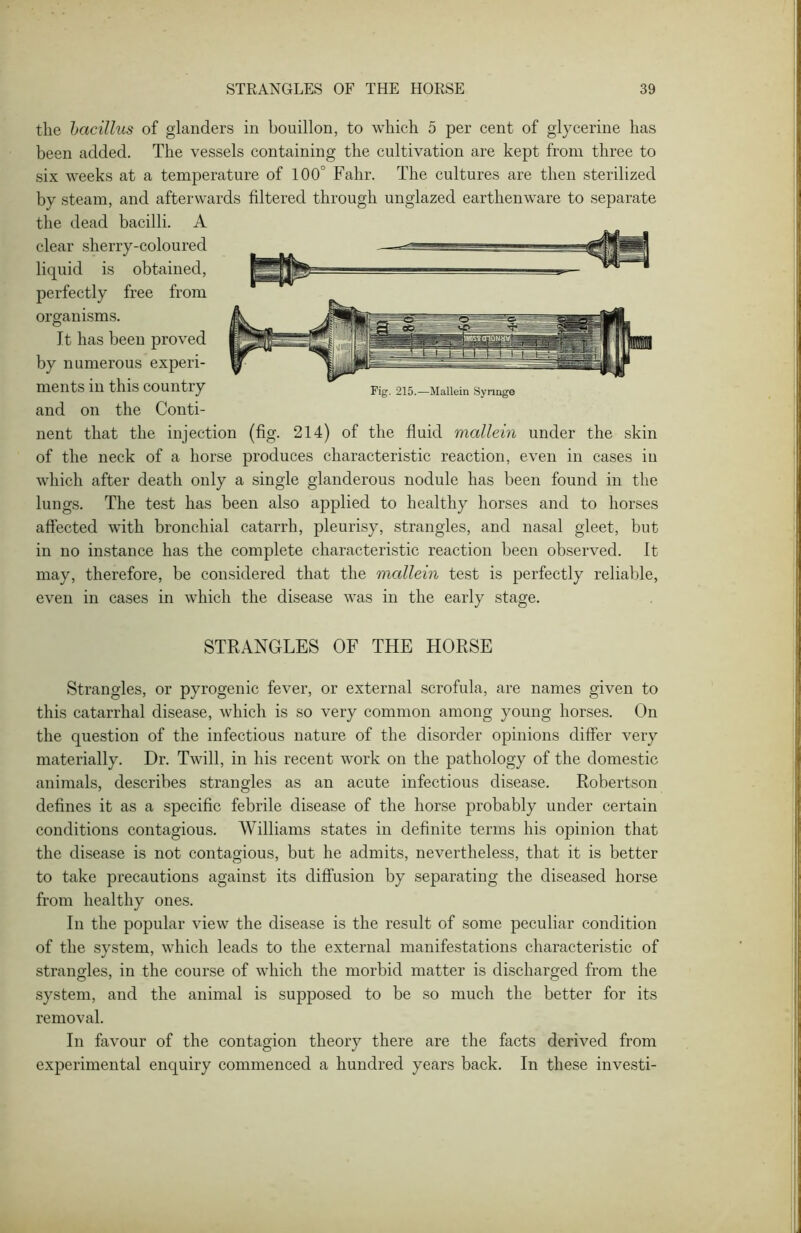 the bacillus of glanders in bouillon, to which 5 per cent of glycerine has been added. The vessels containing the cultivation are kept from three to six weeks at a temperature of 100° Fahr. The cultures are then sterilized by steam, and afterwards filtered through unglazed earthenware to separate the dead bacilli. A clear sherry-coloured liquid is obtained, perfectly free from organisms. Fig. 215.—Mallein Syringe It has been proved by numerous experi- ments in this country and on the Conti- nent that the injection (fig. 214) of the fluid mallein under the skin of the neck of a horse produces characteristic reaction, even in cases in which after death only a single glanderous nodule has been found in the lungs. The test has been also applied to healthy horses and to horses affected with bronchial catarrh, pleurisy, strangles, and nasal gleet, but in no instance has the complete characteristic reaction been observed. It may, therefore, be considered that the mallein test is perfectly reliable, even in cases in which the disease was in the early stage. STRANGLES OF THE HORSE Strangles, or pyrogenic fever, or external scrofula, are names given to this catarrhal disease, which is so very common among young horses. On the question of the infectious nature of the disorder opinions differ very materially. Dr. Twill, in his recent work on the pathology of the domestic animals, describes strangles as an acute infectious disease. Robertson defines it as a specific febrile disease of the horse probably under certain conditions contagious. Williams states in definite terms his opinion that the disease is not contagious, but he admits, nevertheless, that it is better to take precautions against its diffusion by separating the diseased horse from healthy ones. In the popular view the disease is the result of some peculiar condition of the system, which leads to the external manifestations characteristic of strangles, in the course of which the morbid matter is discharged from the system, and the animal is supposed to be so much the better for its removal. In favour of the contagion theory there are the facts derived from experimental enquiry commenced a hundred years back. In these investi-