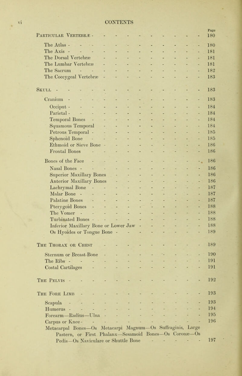 Page Particular Vertebr.e 180 The Atlas - 180 The Axis 181 The Dorsal Vertebrae - -181 The Lumbar Vertebrae -181 The Sacrum - -- -- -- -- • - 182 The Coccygeal Vertebrae - - - - - - - - -183 Skull 183 Cranium - -- -- -- -- -- - 183 Occiput ----------- - 184 Parietal- - - - - - - - - - - -184 Temporal Bones - - - - -184 Squamous Temporal - -184 Petrous Temporal - - - - - 185 Sphenoid Bone - - - - - - - - - -185 Ethmoid or Sieve Bone --------- 186 Frontal Bones - -- -- -- -- - 186 Bones of the Face - - 186 Nasal Bones ---------- - 186 Superior Maxillary Bones 186 Anterior Maxillary Bones - - - - - - - -186 Lachrymal Bone - - - - - - - - - -187 Malar Bone 187 Palatine Bones - - - - 187 Pterygoid Bones 188 The Vomer - - 188 Turbinated Bones - -188 Inferior Maxillary Bone or Lower Jaw ------ 188 Os Hyoides or Tongue Bone - - - 189 The Thorax or Chest 189 Sternum or Breast-Bone - - - - - - - -190 The Ribs - - - - - 191 Costal Cartilages - -191 The Pelvis 192 The Fore Limb ---------- 193 Scapula - -- -- -- -- -- -193 Humerus ----------- - 194 Forearm—Radius—Ulna - - - - - - - - -195 Carpus or Knee - - - - - - - - - - - 196 Metacarpal Bones—Os Metacarpi Magnum—Os Suffraginis, Large Pastern, or First Phalanx—Sesamoid Bones—Os Coronae—Os Pedis—Os Naviculare or Shuttle Bone - - - - - 197