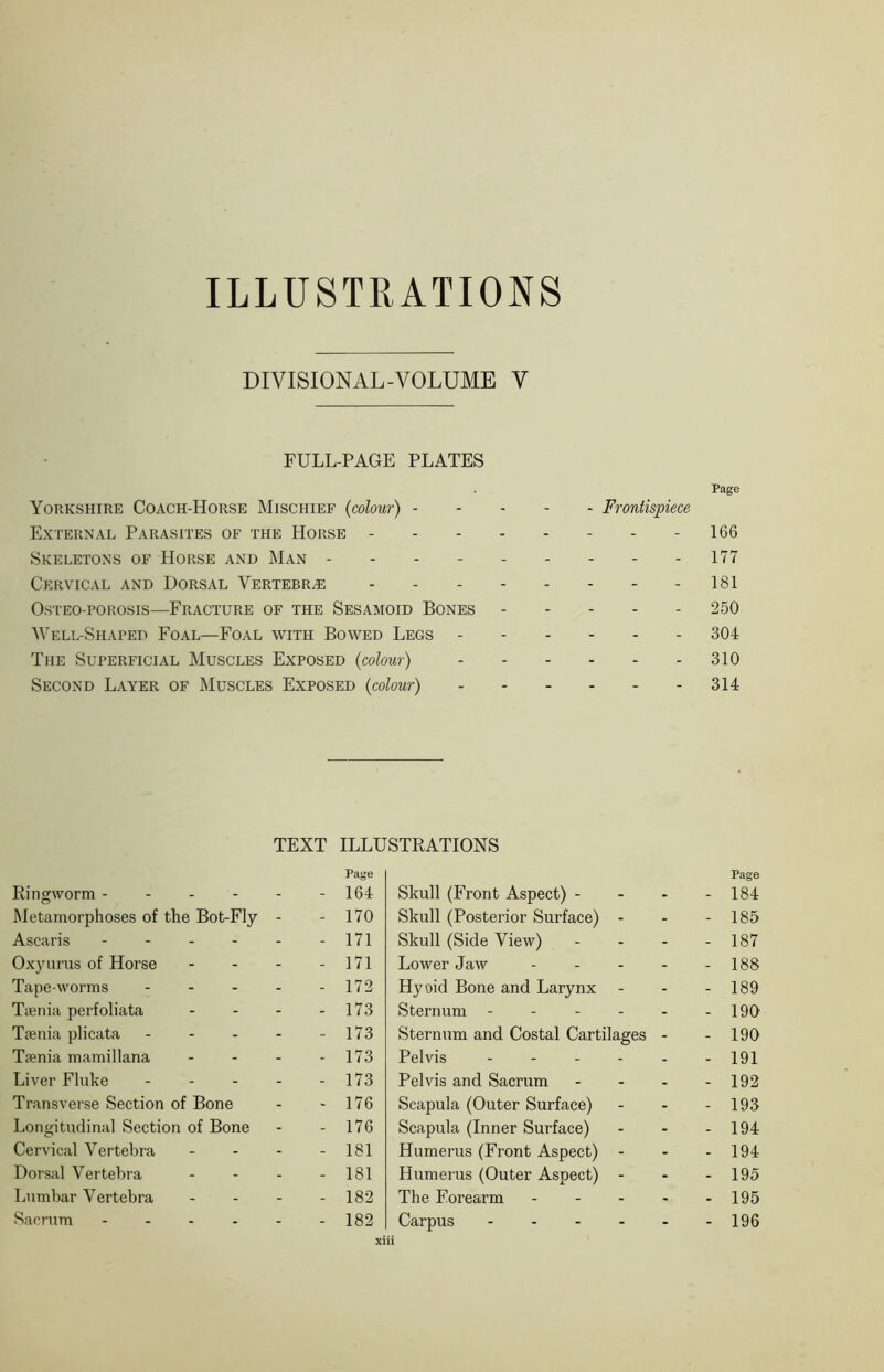 ILLUSTRATIONS DIVISIONAL-VOLUME V FULL-PAGE PLATES . Page Yorkshire Coach-Horse Mischief (colour) Frontispiece External Parasites of the Horse 166 Skeletons of Horse and Man 177 Cervical and Dorsal Vertebrae 181 Osteo-porosis—Fracture of the Sesamoid Bones 250 Well-Shaped Foal—Foal with Bowed Legs 304 The Superficial Muscles Exposed (colour) 310 Second Layer of Muscles Exposed (colour) ...... 314 TEXT ILLUSTRATIONS Ringworm Page - 164 Metamorphoses of the Bot-Fly - - 170 Ascaris - - 171 Oxyurus of Horse ... - 171 Tape-worms - - - - - 172 Tienia perfoliata ... - 173 Tienia plicata - - 173 Tienia mamillana ... - 173 Liver Fluke .... - 173 Transverse Section of Bone - 176 Longitudinal Section of Bone - 176 Cervical Vertebra - 181 Dorsal Vertebra ... - 181 Lumbar Vertebra - 182 Sacrum ----- - 182 Skull (Front Aspect) - Page - 184 Skull (Posterior Surface) - - 185 Skull (Side View) - 187 Lower Jaw - - 188 Hyoid Bone and Larynx - 189 Sternum - - 190 Sternum and Costal Cartilages - - 190 Pelvis ----- - 191 Pelvis and Sacrum - 192 Scapula (Outer Surface) - 193 Scapula (Inner Surface) - 194 Humerus (Front Aspect) - - 194 Humerus (Outer Aspect) - - 195 The Forearm - - 195 Carpus - 196