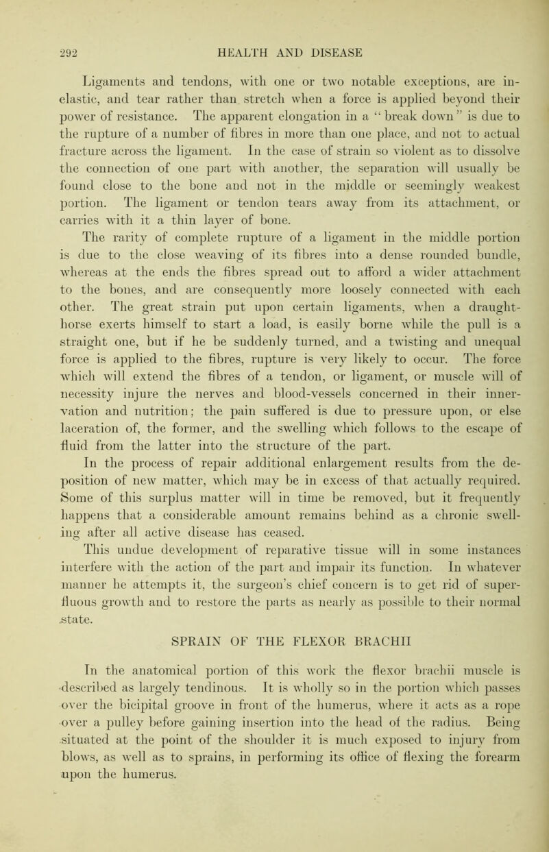 Ligaments and tendons, with one or two notable exceptions, are in- elastic, and tear rather than stretch when a force is applied beyond their power of resistance. The apparent elongation in a “ break down” is due to the rupture of a number of fibres in more than one place, and not to actual fracture across the ligament. In the case of strain so violent as to dissolve the connection of one part with another, the separation will usually be found close to the bone and not in the middle or seemingly weakest portion. The ligament or tendon tears away from its attachment, or carries with it a thin layer of bone. The rarity of complete rupture of a ligament in the middle portion is due to the close weaving of its fibres into a dense rounded bundle, whereas at the ends the fibres spread out to afford a wider attachment to the bones, and are consequently more loosely connected with each other. The great strain put upon certain ligaments, when a draught- horse exerts himself to start a load, is easily borne while the pull is a straight one, but if he be suddenly turned, and a twisting and unequal force is applied to the fibres, rupture is very likely to occur. The force which will extend the fibres of a tendon, or ligament, or muscle will of necessity injure the nerves and blood-vessels concerned in their inner- vation and nutrition; the pain suffered is due to pressure upon, or else laceration of, the former, and the swelling which follows to the escape of fluid from the latter into the structure of the part. In the process of repair additional enlargement results from the de- position of new matter, which may be in excess of that actually required. Some of this surplus matter will in time be removed, but it frequently happens that a considerable amount remains behind as a chronic swell- ing after all active disease has ceased. This undue development of reparative tissue will in some instances interfere with the action of the part and impair its function. In whatever manner he attempts it, the surgeon’s chief concern is to get rid of super- fluous growth and to restore the parts as nearly as possible to their normal .state. SPRAIN OF THE FLEXOR BRACHII In the anatomical portion of this work the flexor brachii muscle is •described as largely tendinous. It is wholly so in the portion which passes over the bicipital groove in front of the humerus, where it acts as a rope over a pulley before gaining insertion into the head of the radius. Being situated at the point of the shoulder it is much exposed to injury from blows, as well as to sprains, in performing its office of flexing the forearm upon the humerus.