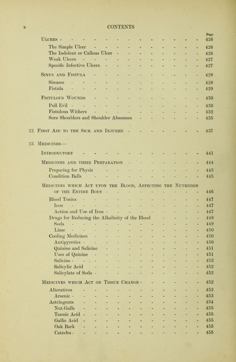 Page Ulcers 426 The Simple Ulcer - 426 The Indolent or Callous Ulcer ------- - 426 Weak Ulcers 427 Specific Infective Ulcers --. 427 Sinus and Fistula 428 Sinuses - 428 Fistula - 429 Fistulous Wounds - - 430 Poll Evil - 430 Fistulous Withers - - 432 Sore Shoulders and Shoulder Abscesses ...... 435 2. First Aid to the Sick and Injured 437 3. Medicines— Introductory 441 Medicines and their Preparation - - 444 Preparing for Physic - 445 Condition Balls - 445 Medicines which Act upon the Blood, Affecting the Nutrition OF the Entire Body --------- 446 Blood Tonics - -- -- -- -- -- 447 Iron 447 Action and Use of Iron --------- 447 Drugs for Reducing the Alkalinity of the Blood . . . . 448 Soda ------------ 449 Lime ------------ 450 Cooling Medicines - . - 450 Antipyretics ---------- - 450 Quinine and Salicine - . - - 451 Uses of Quinine - -- -- -- -- - 451 Salicine - 452 Salicylic Acid - . 452 Salicylate of Soda - - - - 452 Medicines which Act on Tissue Change 452 Alteratives - 452 Arsenic ----------- - 453 Astringents - 454 Nut-Galls 455 Tannic Acid --- 455 Gallic Acid 455 Oak Bark 455 Catechu - 455