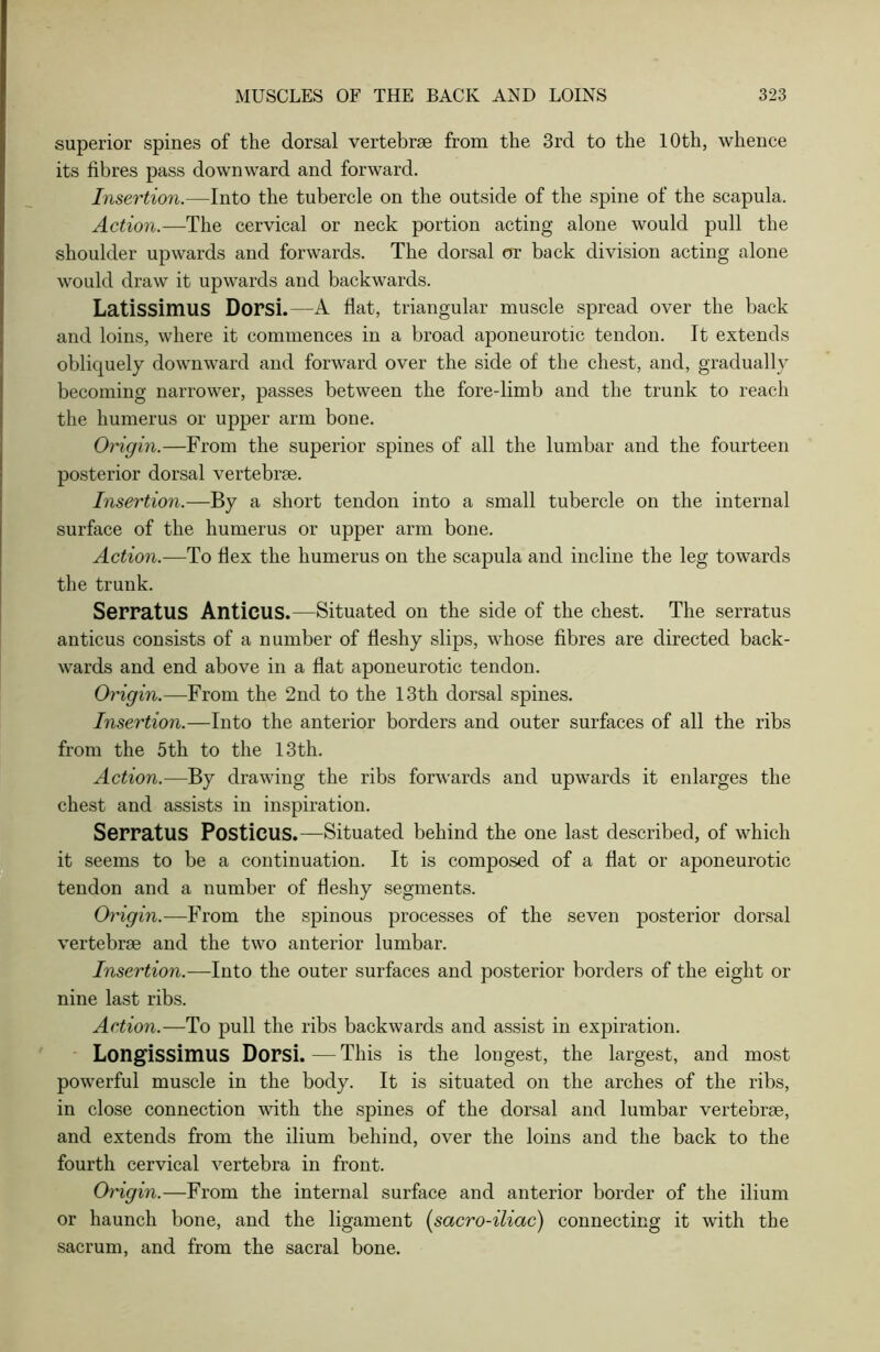 superior spines of the dorsal vertebrae from the 3rd to the 10th, whence its fibres pass downward and forward. Insertion.—Into the tubercle on the outside of the spine of the scapula. Action.—The cervical or neck portion acting alone would pull the shoulder upwards and forwards. The dorsal or back division acting alone would draw it upwards and backwards. Latissimus Dorsi.—A flat, triangular muscle spread over the back and loins, where it commences in a broad aponeurotic tendon. It extends obliquely downward and forward over the side of the chest, and, gradually becoming narrower, passes between the fore-limb and the trunk to reach the humerus or upper arm bone. Origin.—From the superior spines of all the lumbar and the fourteen posterior dorsal vertebrae. Insertion.—By a short tendon into a small tubercle on the internal surface of the humerus or upper arm bone. Action.—To flex the humerus on the scapula and incline the leg towards the trunk. Serratus Anticus.—Situated on the side of the chest. The serratus anticus consists of a number of fleshy slips, whose fibres are directed back- wards and end above in a flat aponeurotic tendon. Origin.—From the 2nd to the 13th dorsal spines. Insertion.—Into the anterior borders and outer surfaces of all the ribs from the 5th to the 13th. Action.—By drawing the ribs forwards and upwards it enlarges the chest and assists in inspiration. Serratus Posticus.—Situated behind the one last described, of which it seems to be a continuation. It is composed of a flat or aponeurotic tendon and a number of fleshy segments. Origin.—From the spinous processes of the seven posterior dorsal vertebrae and the two anterior lumbar. Insertion.—Into the outer surfaces and posterior borders of the eight or nine last ribs. Action.—To pull the ribs backwards and assist in expiration. Longissimus Dorsi. — This is the longest, the largest, and most powerful muscle in the body. It is situated on the arches of the ribs, in close connection with the spines of the dorsal and lumbar vertebrae, and extends from the ilium behind, over the loins and the back to the fourth cervical vertebra in front. Origin.—From the internal surface and anterior border of the ilium or haunch bone, and the ligament [sacro-iliac) connecting it with the sacrum, and from the sacral bone.