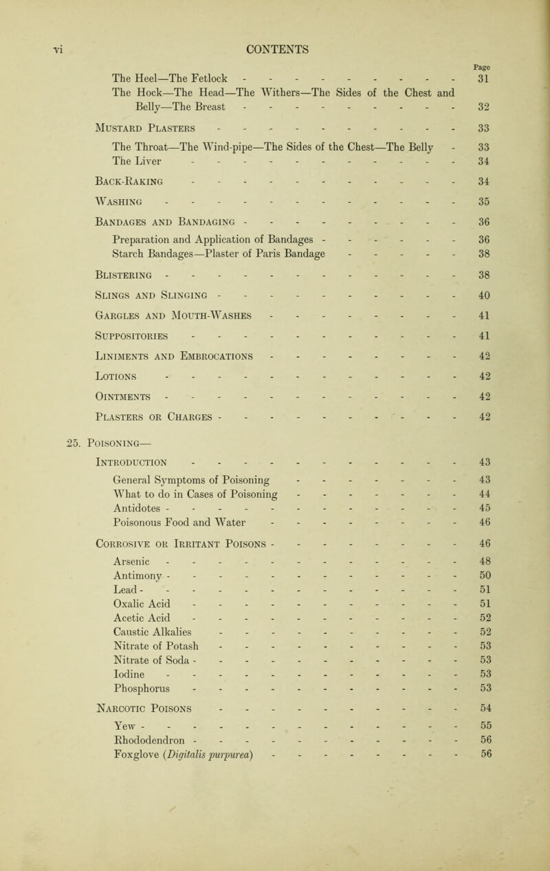 Yi CONTENTS Page The Heel—The Fetlock 31 The Hock—The Head—The Withers—The Sides of the Chest and Belly—The Breast 32 Mustard Plasters 33 The Throat—The Wind-pipe—The Sides of the Chest—The Belly - 33 The Liver 34 Back-Raking 34 Washing 35 Bandages and Bandaging 36 Preparation and Application of Bandages 36 Starch Bandages—Plaster of Paris Bandage 38 Blistering 38 Slings and Slinging 40 Gargles and Mouth-Washes 41 Suppositories 41 Liniments and Embrocations 42 Lotions 42 Ointments 42 Plasters or Charges 42 25. Poisoning— Introduction 43 General Symptoms of Poisoning 43 What to do in Cases of Poisoning 44 Antidotes 45 Poisonous Food and Water 46 Corrosive or Irritant Poisons 46 Arsenic 48 Antimony - - - - 50 Lead 51 Oxalic Acid 51 Acetic Acid 52 Caustic Alkalies 52 Nitrate of Potash 53 Nitrate of Soda 53 Iodine .....-----.-53 Phosphorus 53 Narcotic Poisons 54 Yew 55 Rhododendron 56 Foxglove (Digitalis purpurea) 56