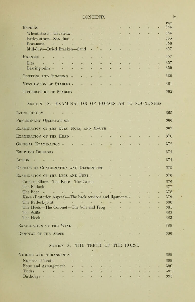 Page Bedding 354 Wheat-straw—Oat-straw - - - 354 Barley-straw—Saw-dust 355 Peat-moss ------------ 356 Mill-dust—Dried Bracken—Sand - 357 Harness 357 Bits ------------- 357 Bearing-reins 359 Clipping and Singeing 360 Ventilation of Stables - - - - 361 Temperature of Stables - - - 362 Section IX.—EXAMINATION OF HORSES AS TO SOUNDNESS Introductory ------- 365 Preliminary Observations ---------- 366 Examination of the Eyes, Nose, and Mouth 367 Examination of the Head - 370 ■General Examination 372 Eruptive Diseases 374 Action 374 Defects of Conformation and Deformities 375 Examination of the Legs and Feet - - 376 Capped Elbow—The Knee—The Canon - - - - - - -376 The Fetlock - -- -- -- -- -- - 377 The Foot 378 Knee (Posterior Aspect)—The back tendons and ligaments - - - - 379 The Fetlock-joint - -- -- -- -- -- 380 The Heels—The Coronet—The Sole and Frog ------ 381 The Stifle - 382 The Hock - - 383 Examination of the Wind --------- 385 Removal of the Shoes - - - 386 Section X.—THE TEETH OF THE HORSE Number and Arrangement - 389 Number of Teeth - - - 389 Form and Arrangement - 390 Tricks ------- - 392 Birthdays ------------ - 393