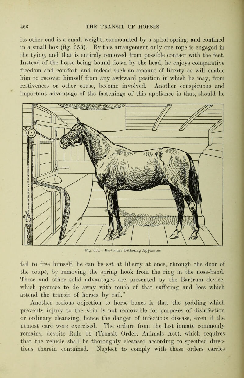 its other end is a small weight, surmounted by a spiral spring, and confined in a small box (fig. 653). By this arrangement only one rope is engaged in the tying, and that is entirely removed from possible contact with the feet. Instead of the horse being bound down by the head, he enjoys comparative freedom and comfort, and indeed such an amount of liberty as will enable him to recover himself from any awkward position in which he may, from restiveness or other cause, become involved. Another conspicuous and important advantage of the fastenings of this appliance is that, should he fail to free himself, he can be set at liberty at once, through the door of the coupe, by removing the spring hook from the ring in the nose-band. These and other solid advantages are presented by the Bartrum device, which promise to do away with much of that suffering and loss which attend the transit of horses by rail.” Another serious objection to horse-boxes is that the padding which prevents injury to the skin is not removable for purposes of disinfection or ordinary cleansing, hence the danger of infectious disease, even if the utmost care were exercised. The ordure from the last inmate commonly remains, despite Rule 15 (Transit Order, Animals Act), which requires that the vehicle shall be thoroughly cleansed according to specified direc- tions therein contained. Neglect to comply with these orders carries